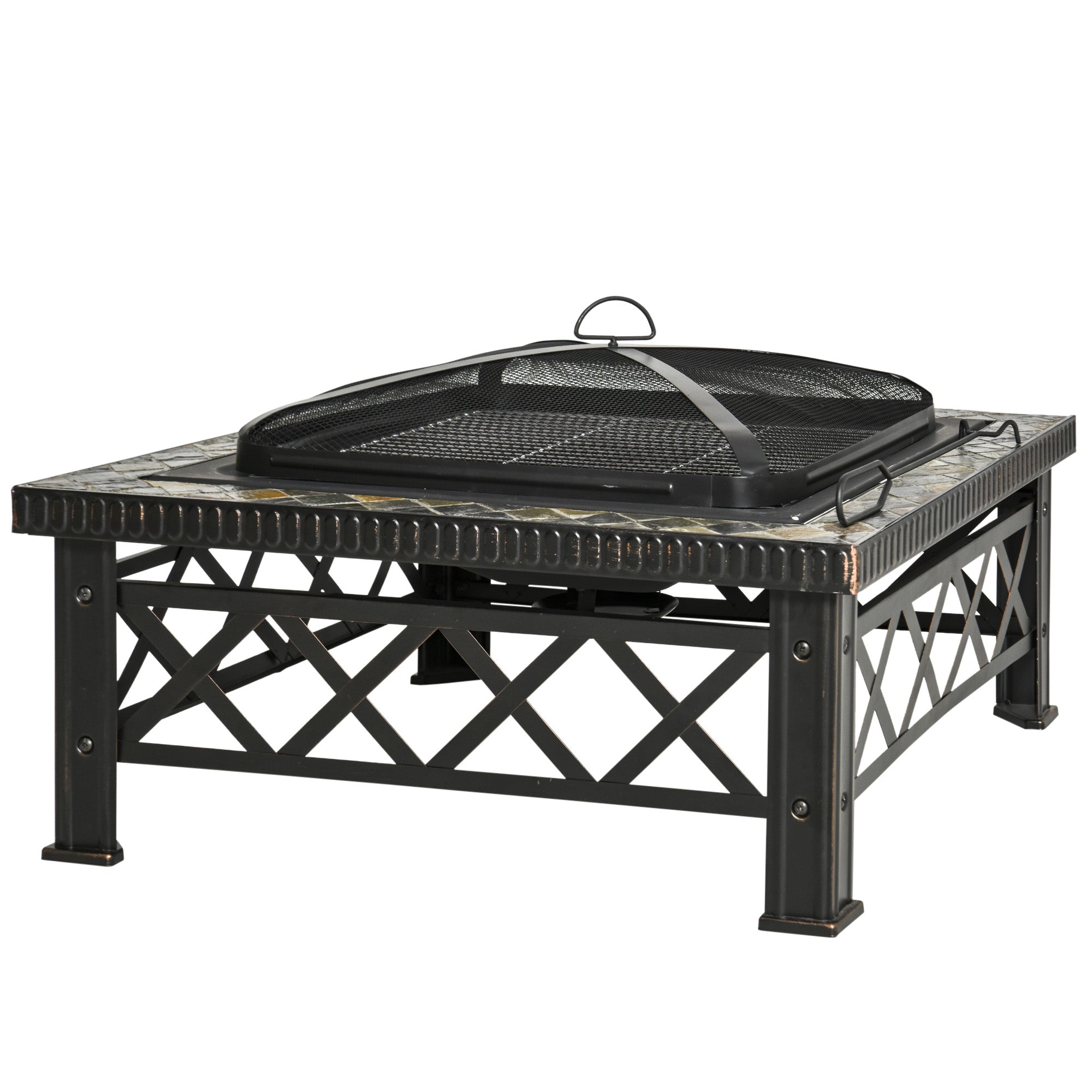 SIENA | Garden Fire Pit with Lid Spark Guard and Metal BBQ Grill 76x76x47cm Black - Borge' Group Limited