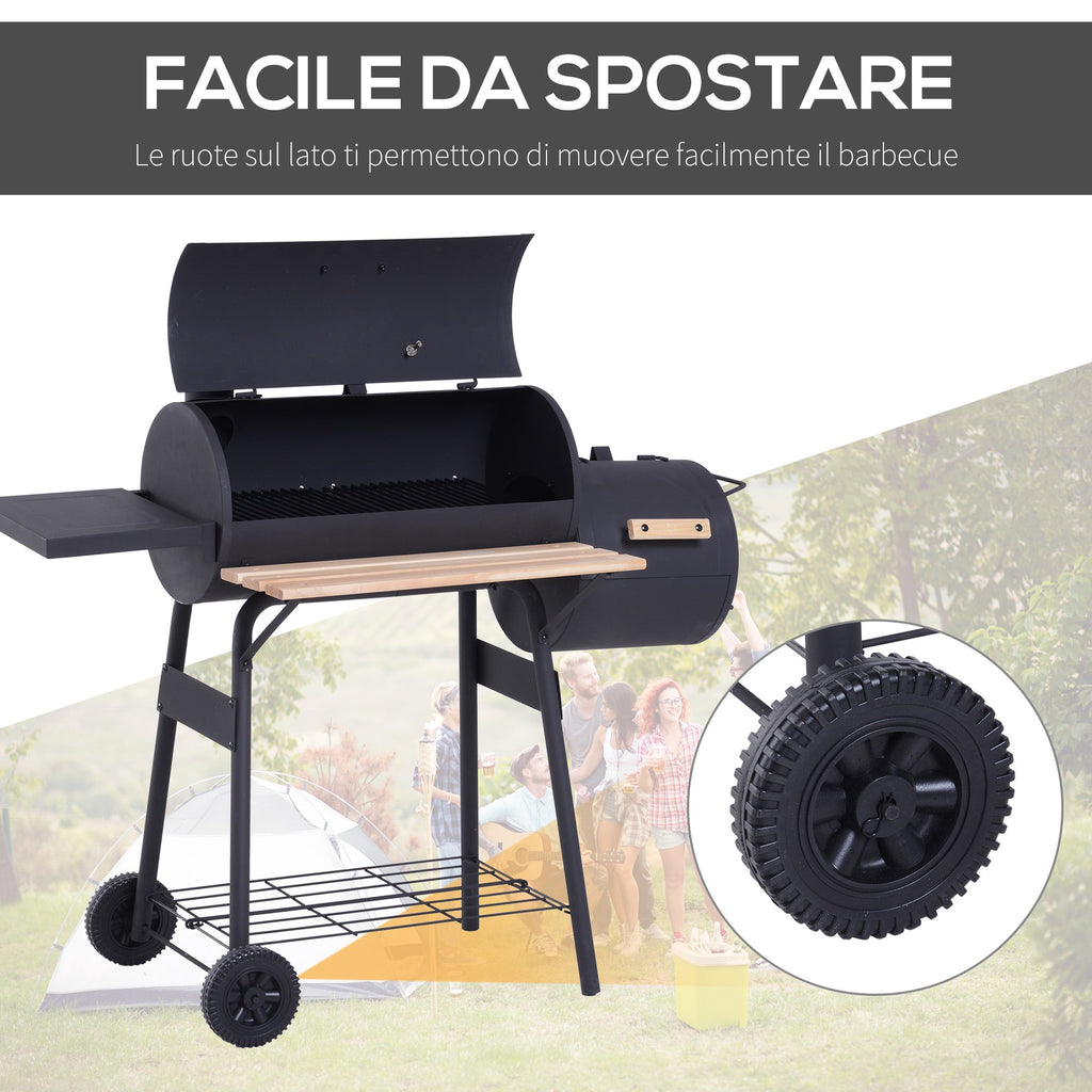 Charcoal Barbecue with Lid and Smoker, Garden BBQ with Shelves and Wheels 124x53x104 cm, Black - Borge' Group Limited