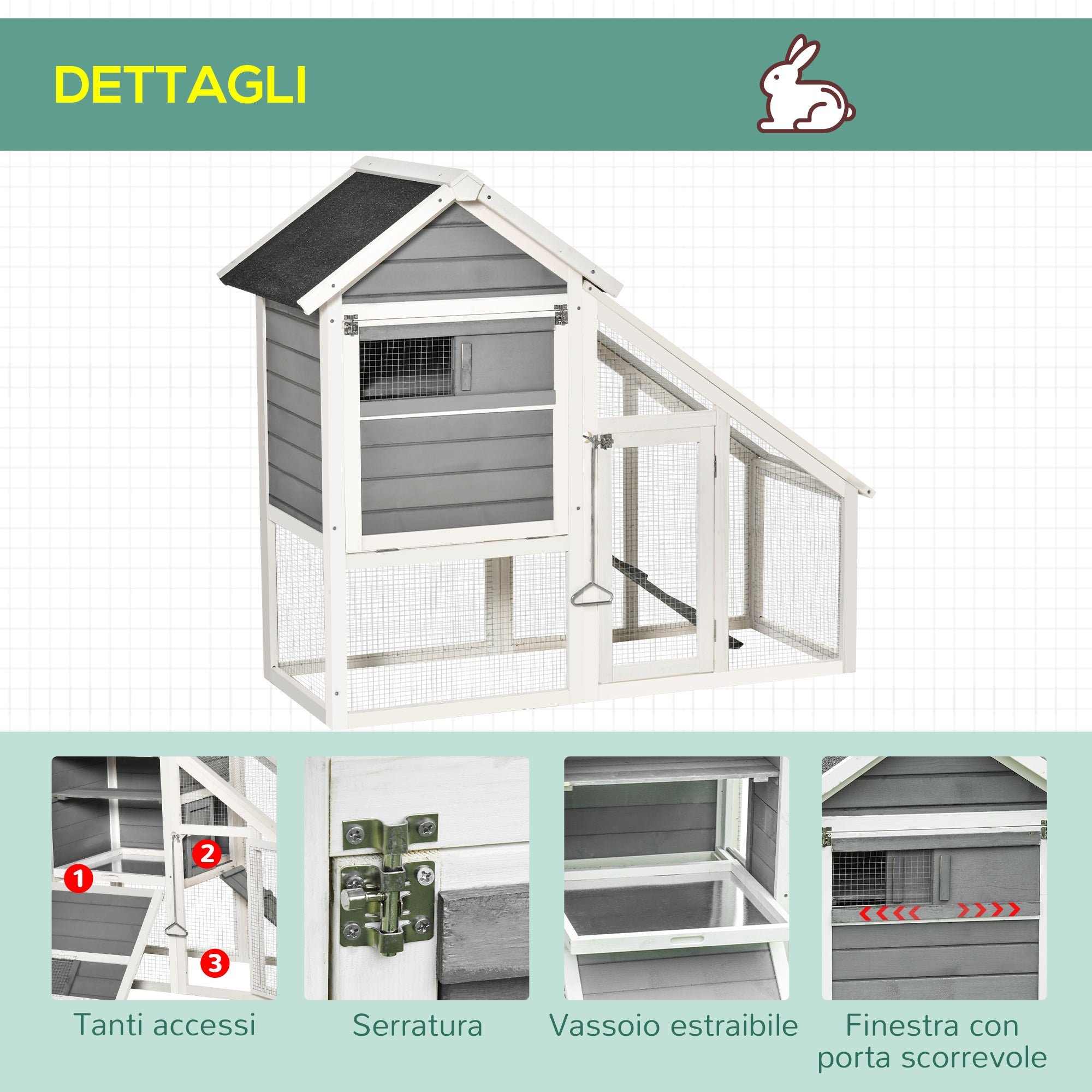 Wooden Rabbit Hutch with Open Area and Ramp, Rabbit Cage with Removable Bottom and Doors, 140x65x120 cm, Grey - Borge' Group Limited