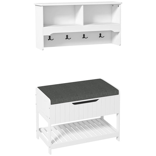 White Wall Unit with Hangers And Show Rack Bench for Entrance | 80x20x40 cm