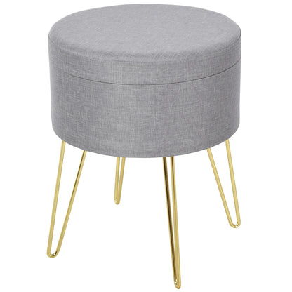 pouf container 2 in 1 with stool and table function, in wood and Grey fabric, metal with gold finish, 36x36x45cm - Borgè