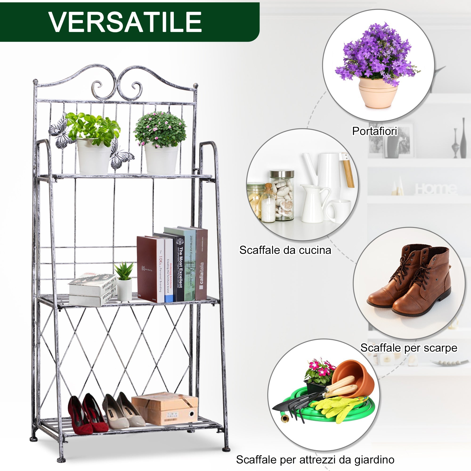 3 Tier Folding Garden Balcony Planter Shelf, Metal, Silver, 44x25x96 cm - Borge' Group Limited