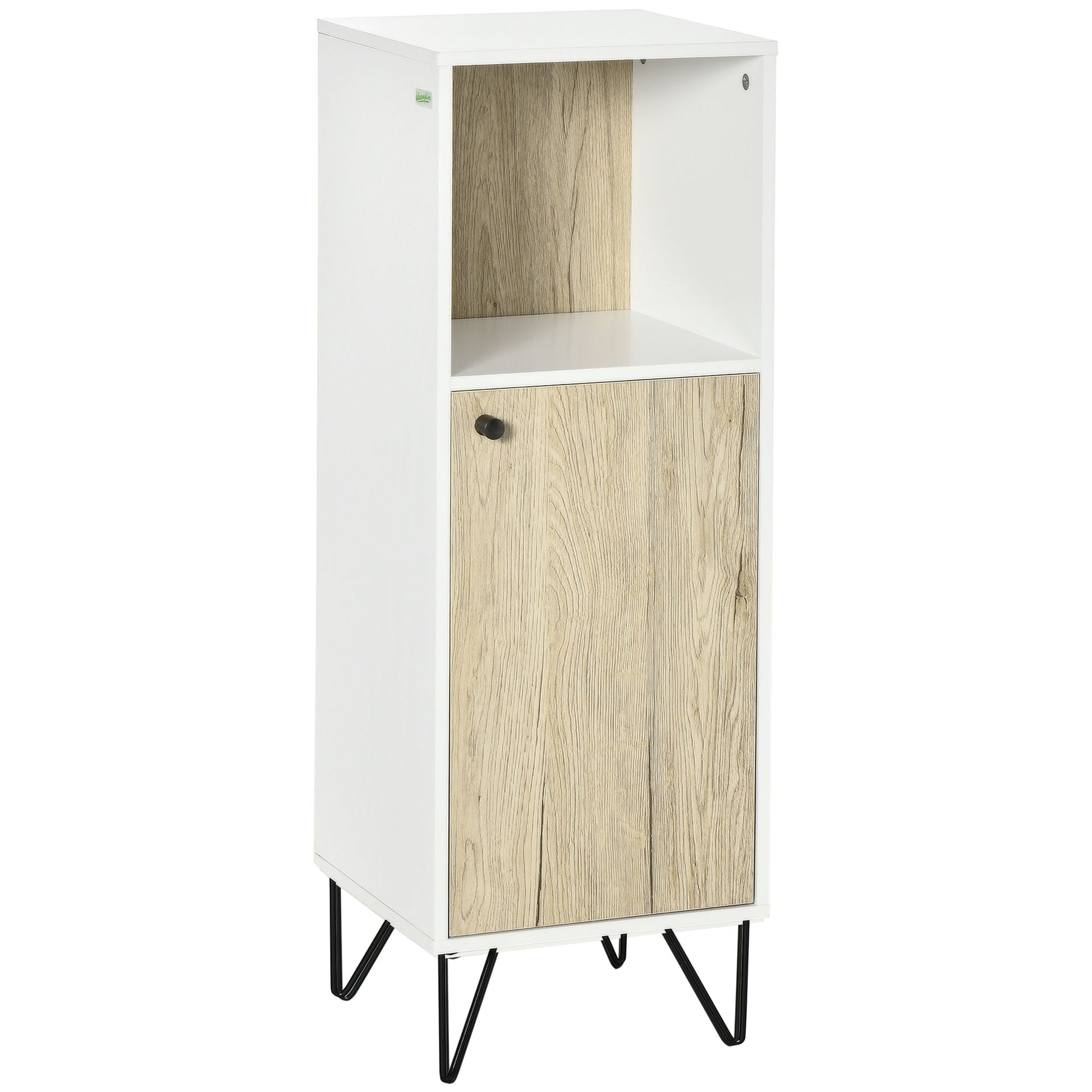 Kleankin Bathroom cabinet with open shelf and cabinet with wooden door, 31.5x30x91cm, oak and white - Borgè