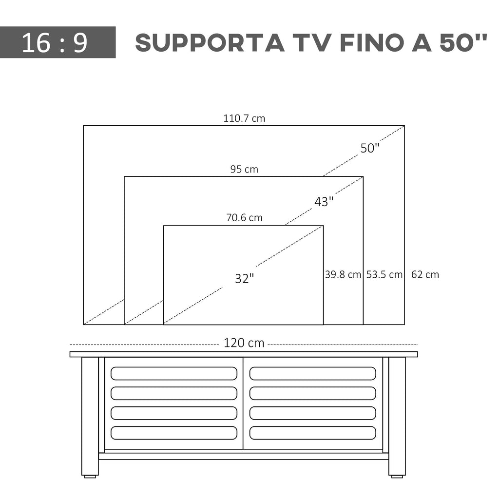Mobile TV with 3 open compartments, 2 cabinets and support surface for TV up to 42 ", in chipboard, 105x40x52cm, white and wood - Borgè