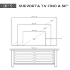 Mobile TV with 3 open compartments, 2 cabinets and support surface for TV up to 42 ", in chipboard, 105x40x52cm, white and wood - Borgè