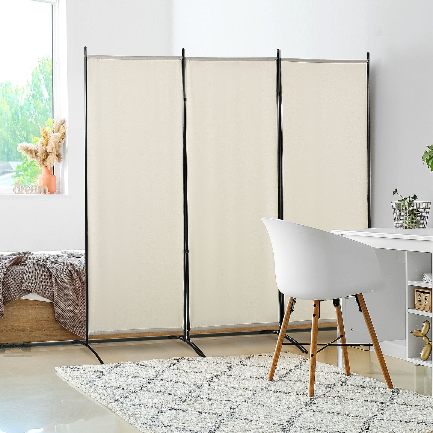 Indoor 3-Panel Folding Metal and Polyester Indoor Room Divider, 253x50x182cm, Beige - Borgè