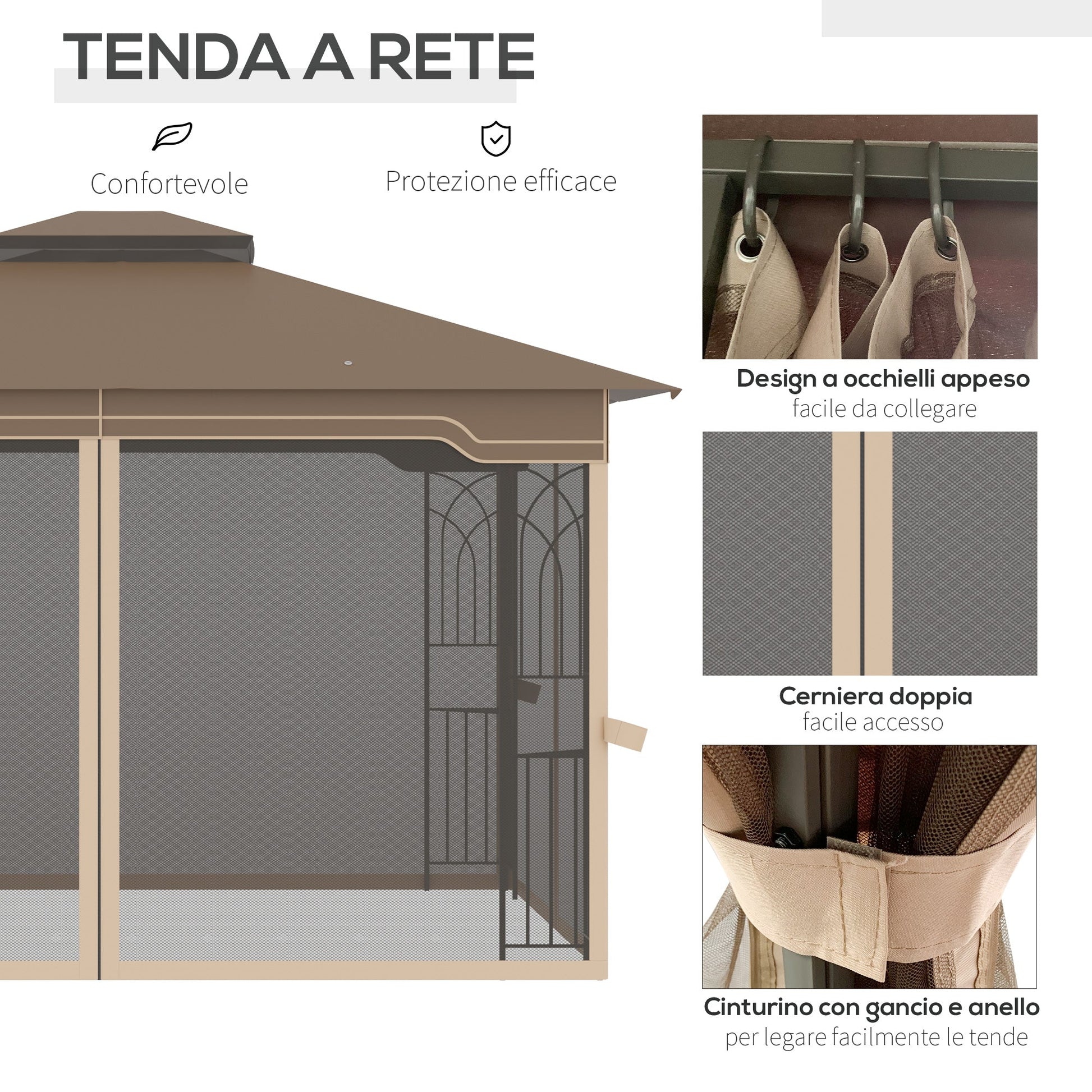 Outsunny garden gazebo with mosquito net, double roof, metal structure and shelves, 3,65x3m brown and beige - Borgè