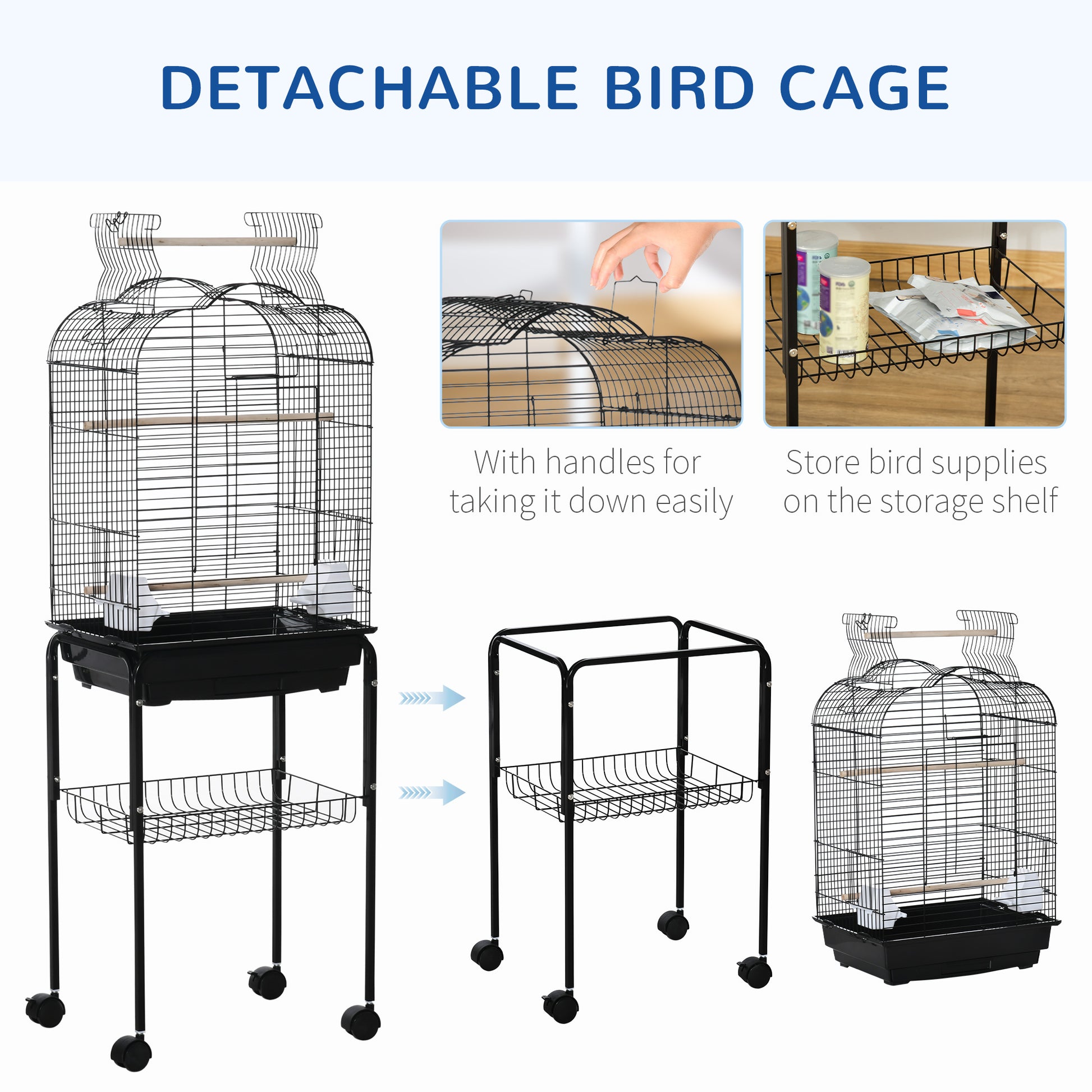 Pawhut bird cage with 3 posees, 2 bowls and 2 side doors, in steel, pp and wood, 46x36x130 cm, black - Borgè