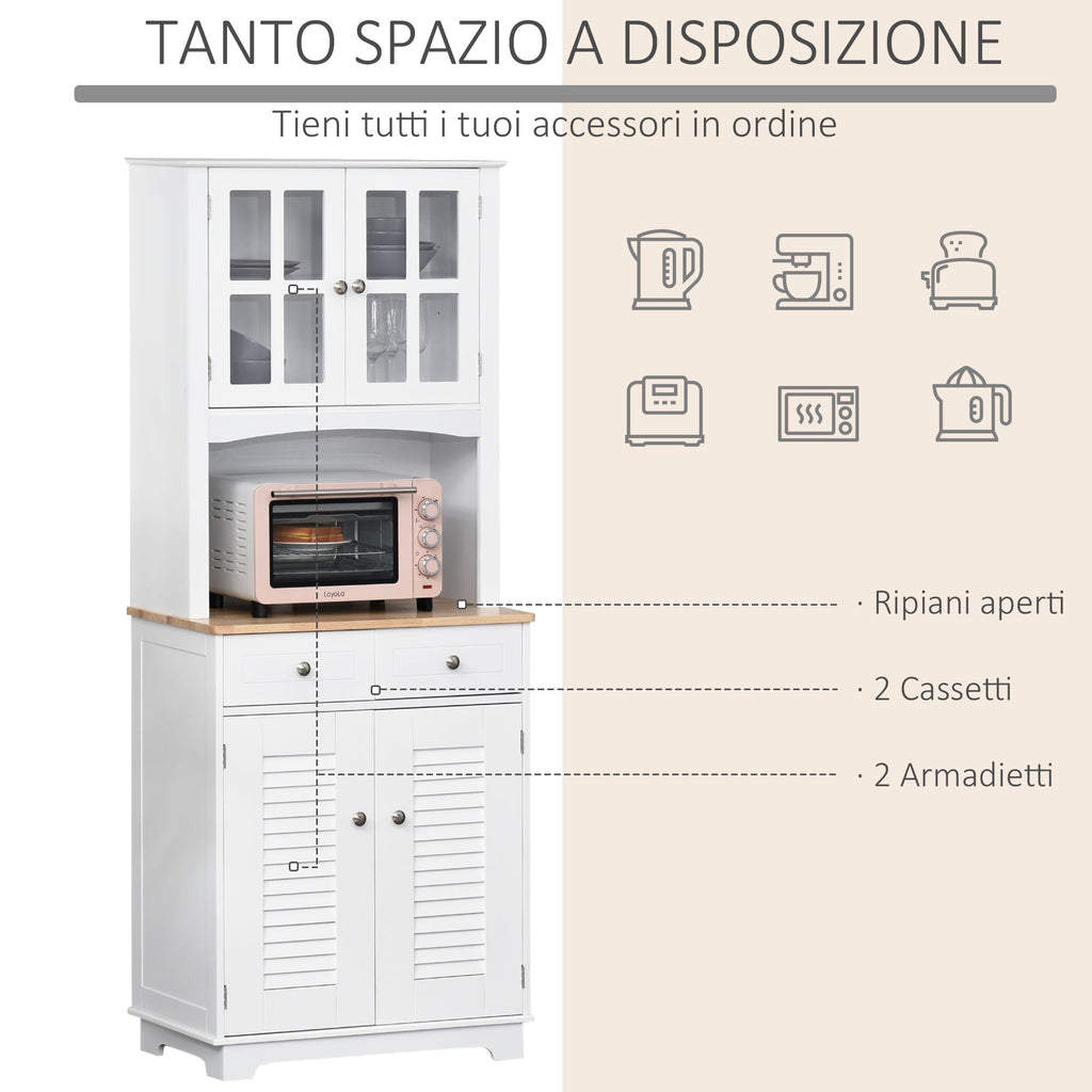 High Credenza For Kitchen, White Wood Buffet Mobile, Classic style, white, 68x39.5x170cm - Borgè