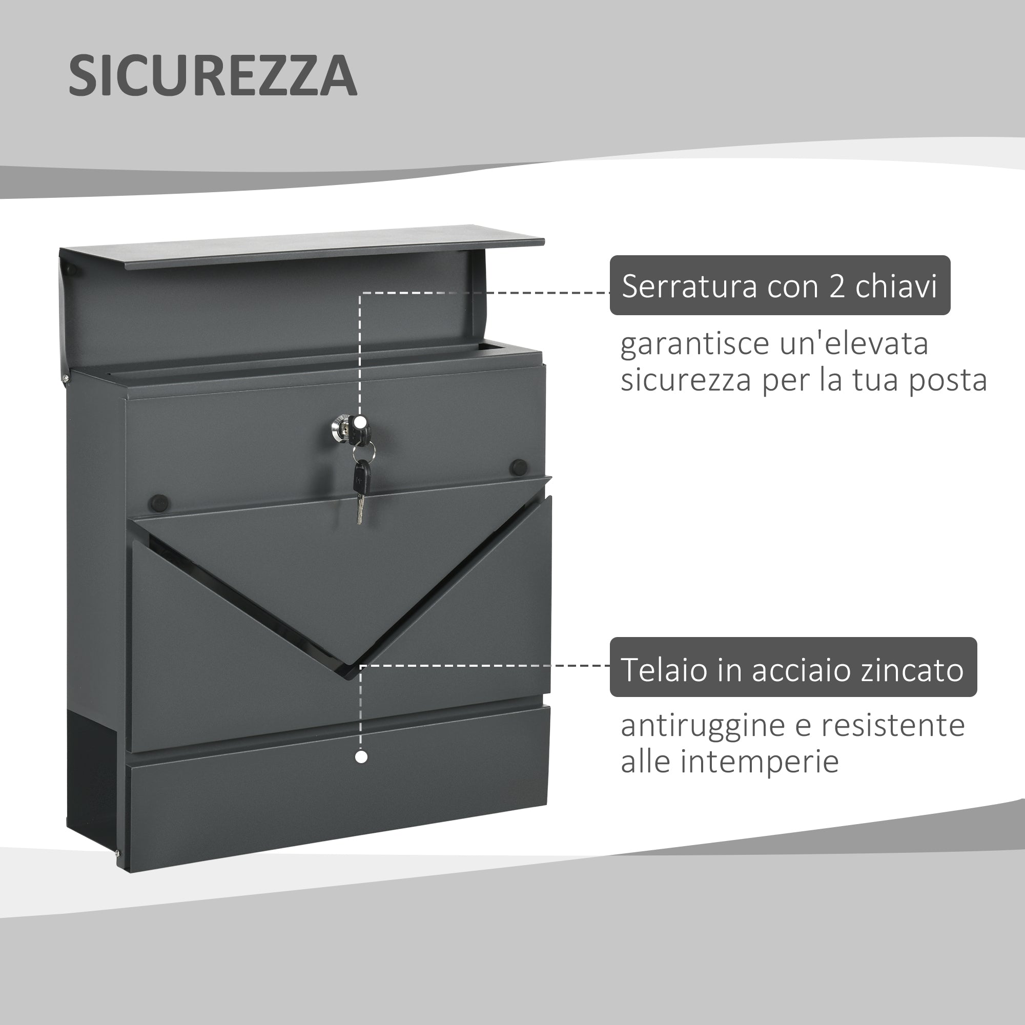 galvanized steel mailbox with junction and 2 safety keys, 37x10.5x37 cm, Grey - Borgè