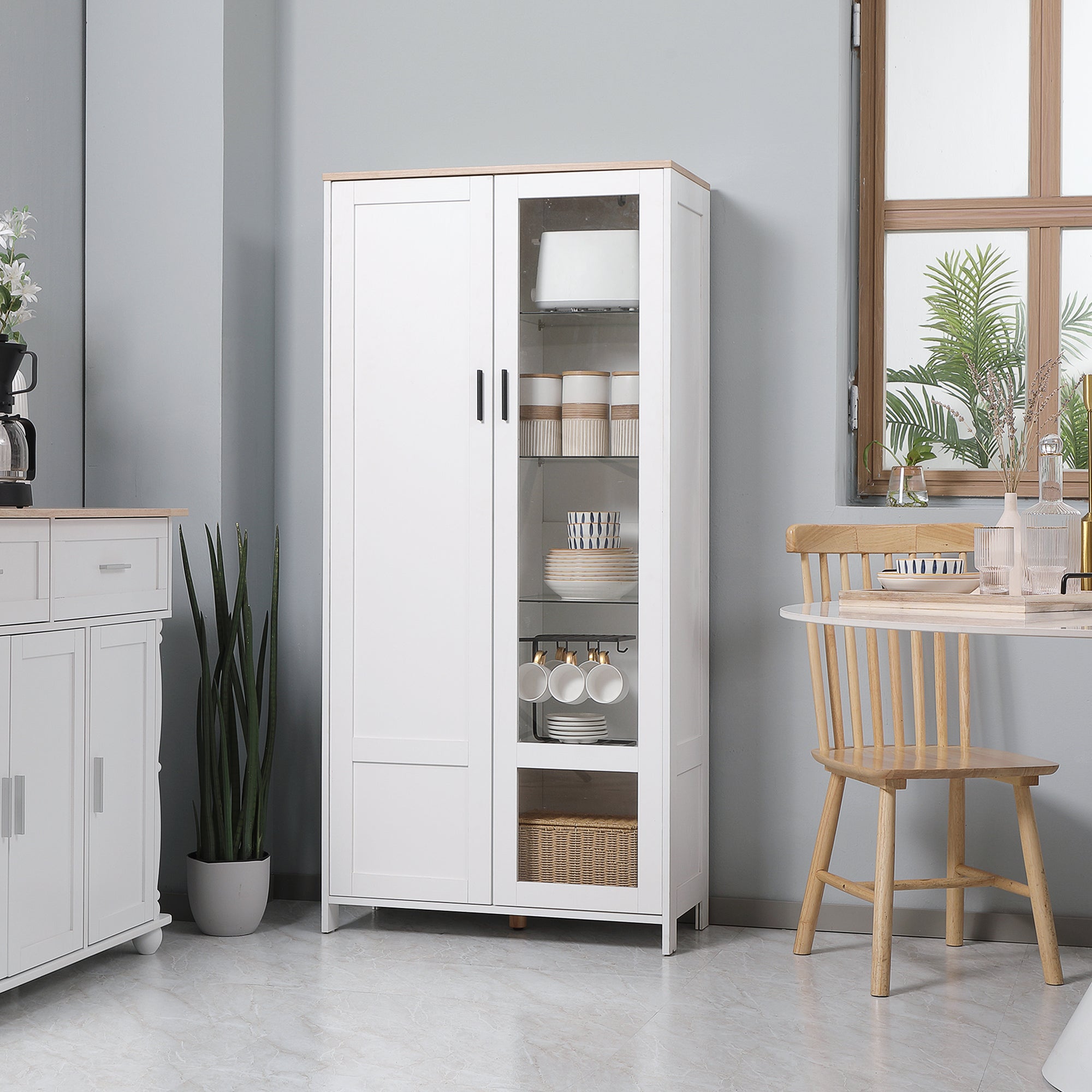Modern Care of 2 Doors with adjustable shelves in wood and glass, 76x36x160cm, white - Borgè