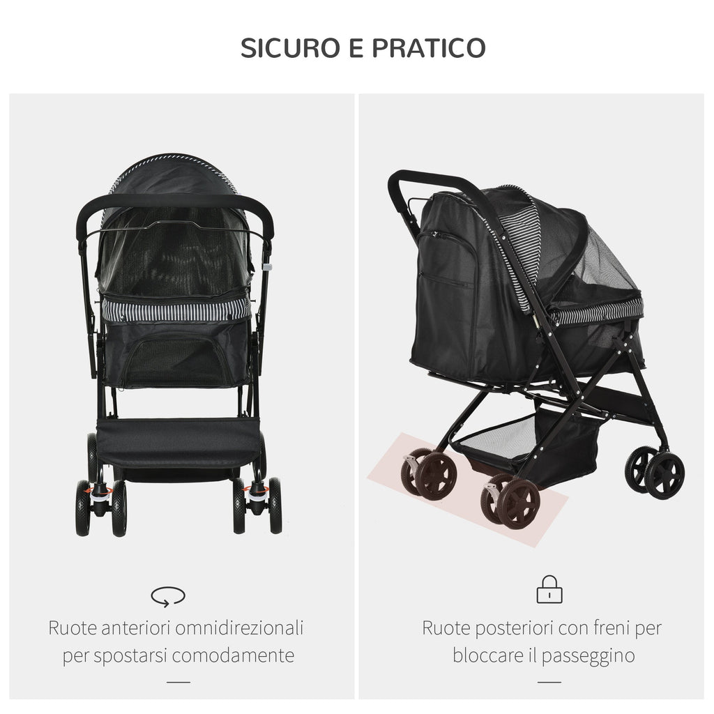 Foldable Dog Stroller with Swivel Handle and Storage Basket, Black - Borge' Group Limited