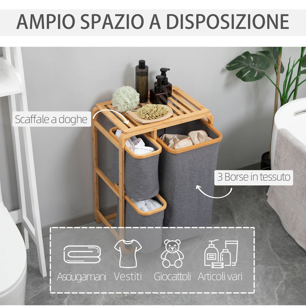 Clothes Laundry Basket with 3 removable compartments in Fabric and Bamboo, 50x32x69.7cm - Borgè