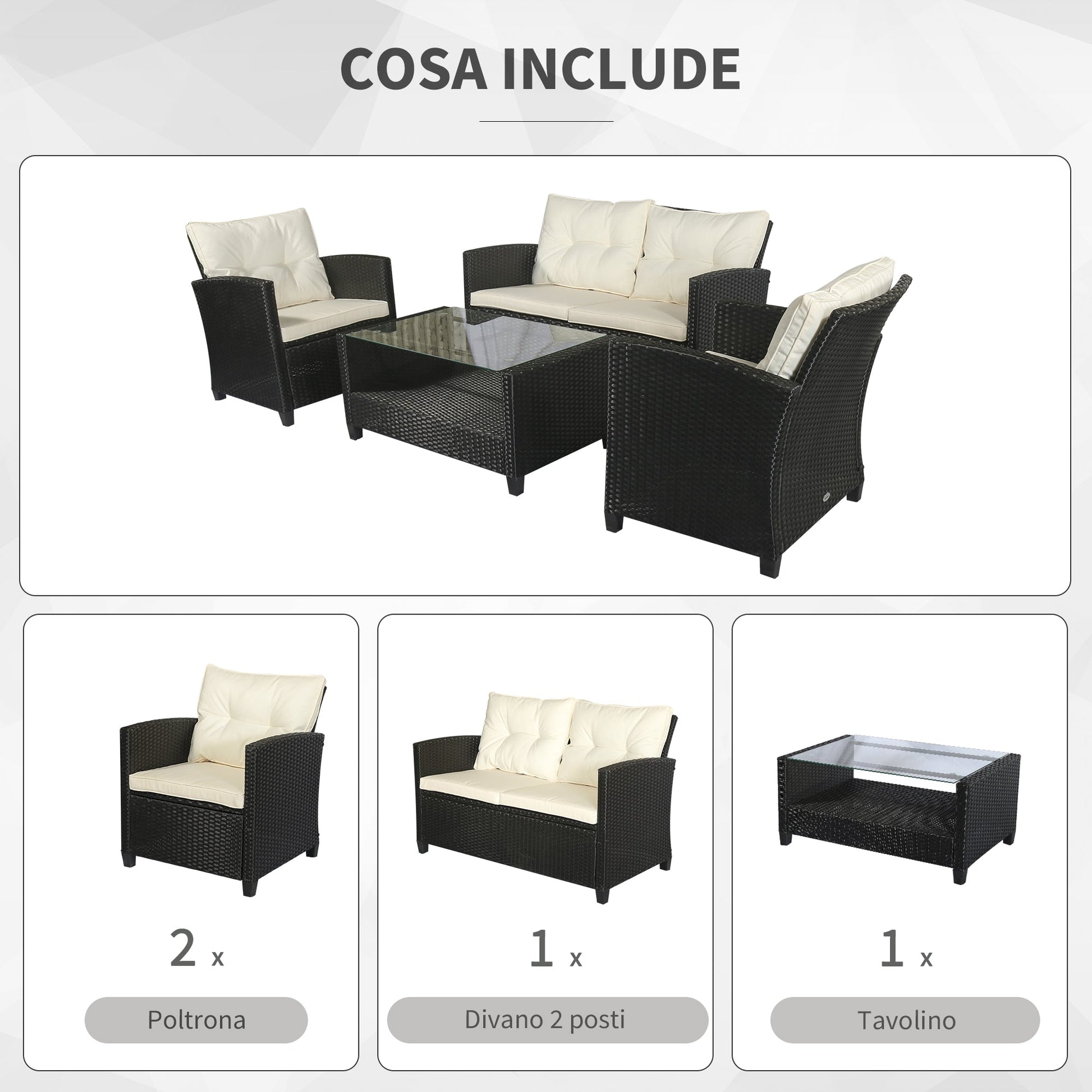 NARCO | 4-Piece Garden Furniture Set in PE Rattan and Coffee Table, Upholstered Sofa and Armchairs Black and Beige 124x68x76cm - Borgè