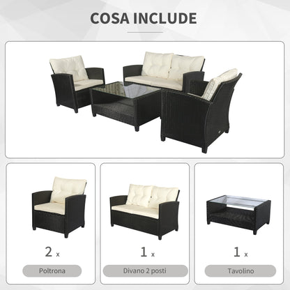 NARCO | 4-Piece Garden Furniture Set in PE Rattan and Coffee Table, Upholstered Sofa and Armchairs Black and Beige 124x68x76cm - Borgè