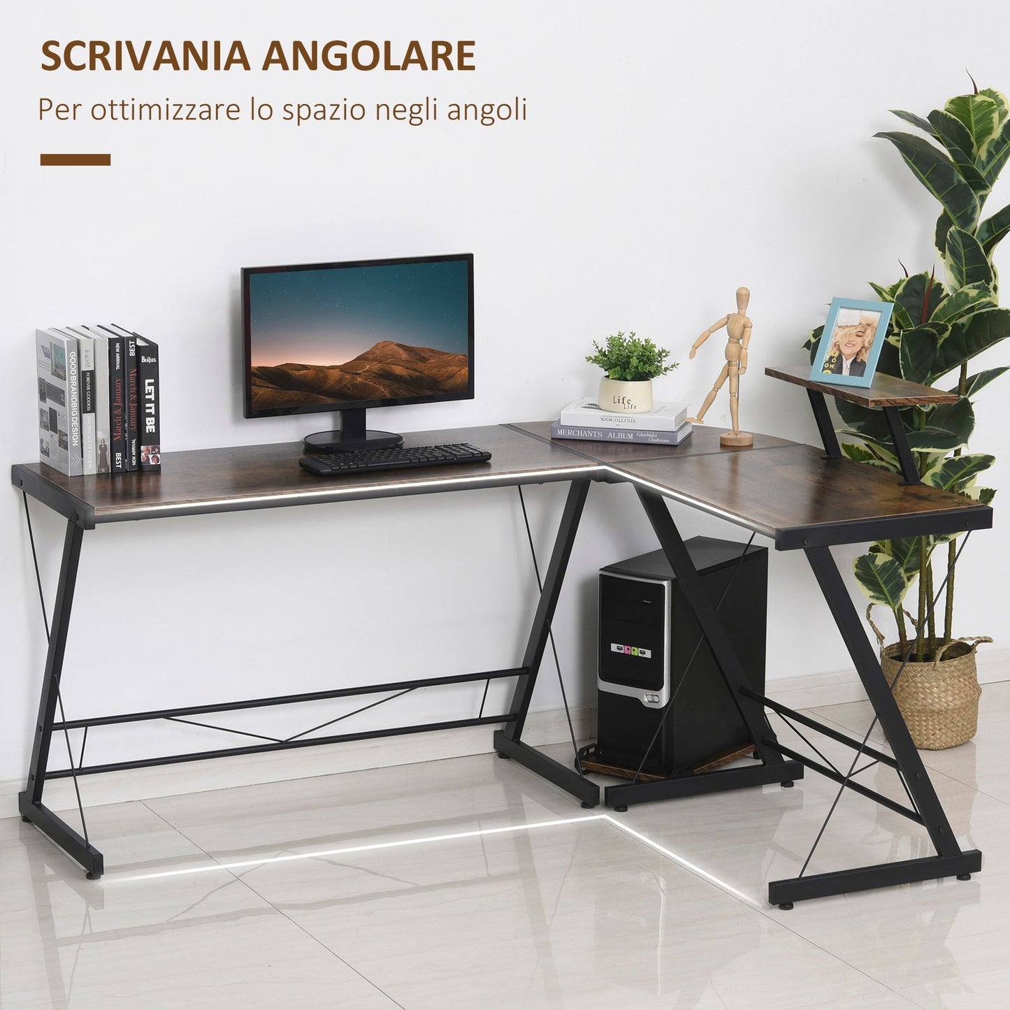 Reversible angular desk for computer and PCs in industrial style, for office or room, in wood 155x115x91.5cm - Borgè