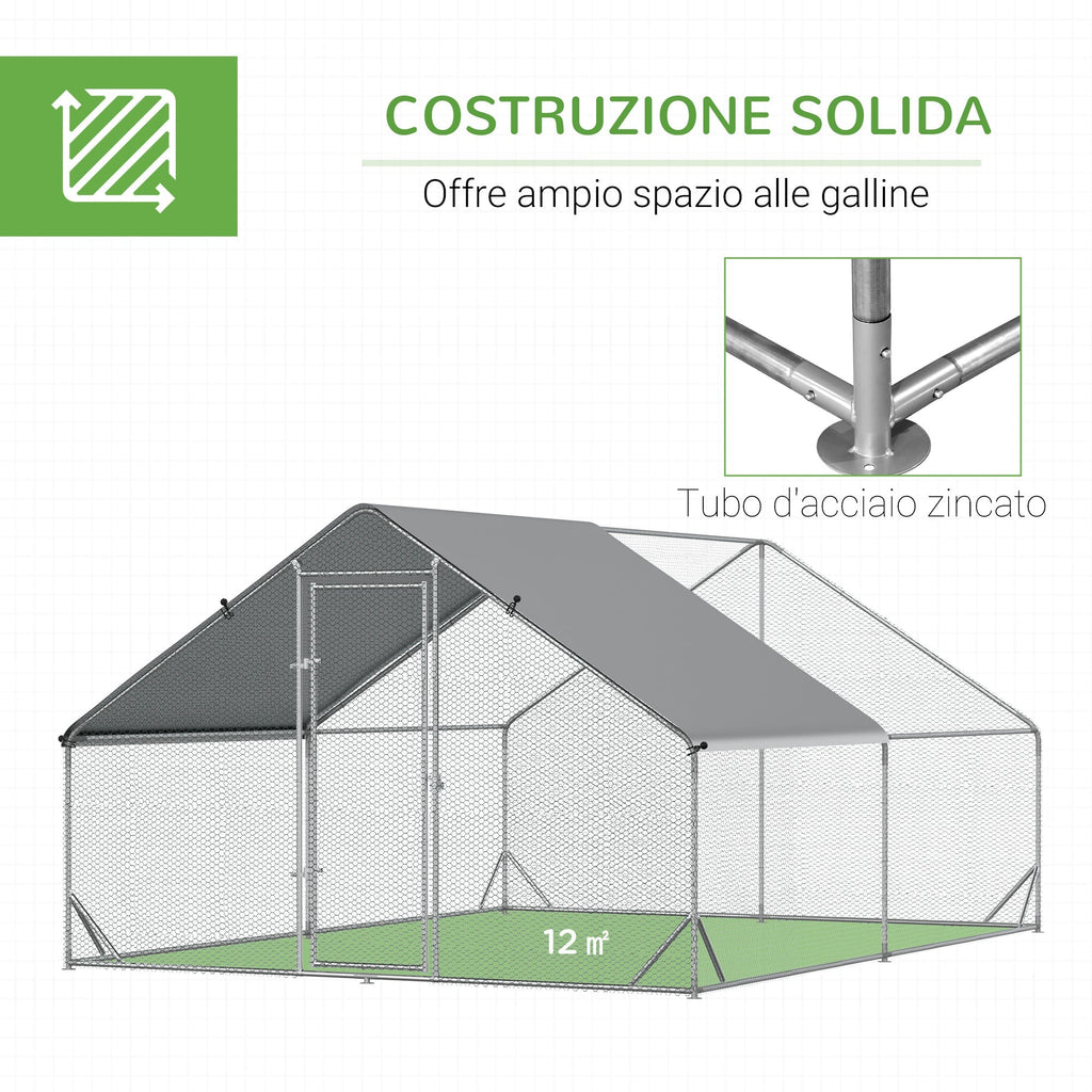 Garden Chicken Coop with Galvanized Frame, Waterproof Cover and Hexagonal Netting, 3x4x2 m, Silver - Borge' Group Limited