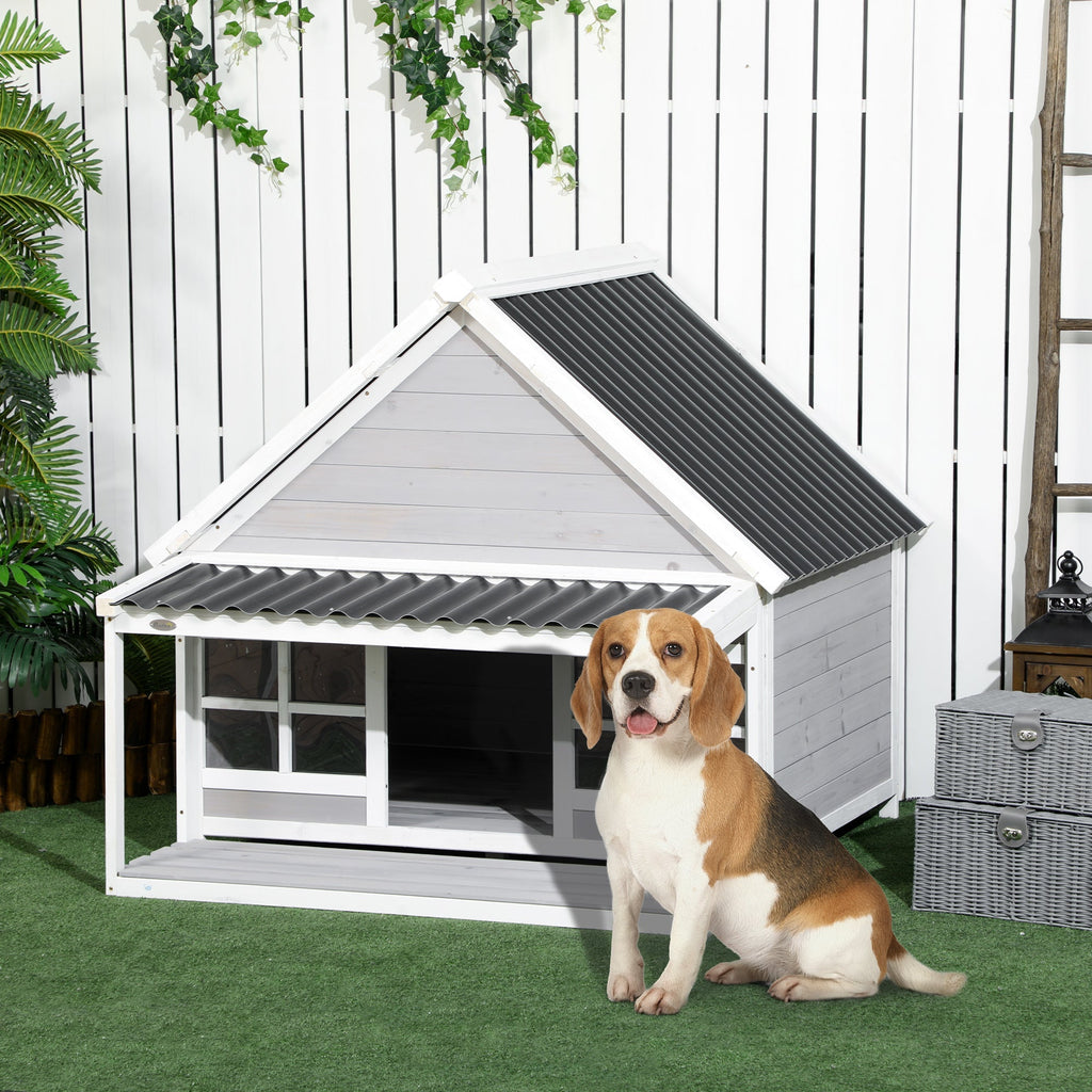 Outdoor Dog Kennel in Wood and PVC with Porch and Windows, 126x118x105cm, Grey - Borge' Group Limited