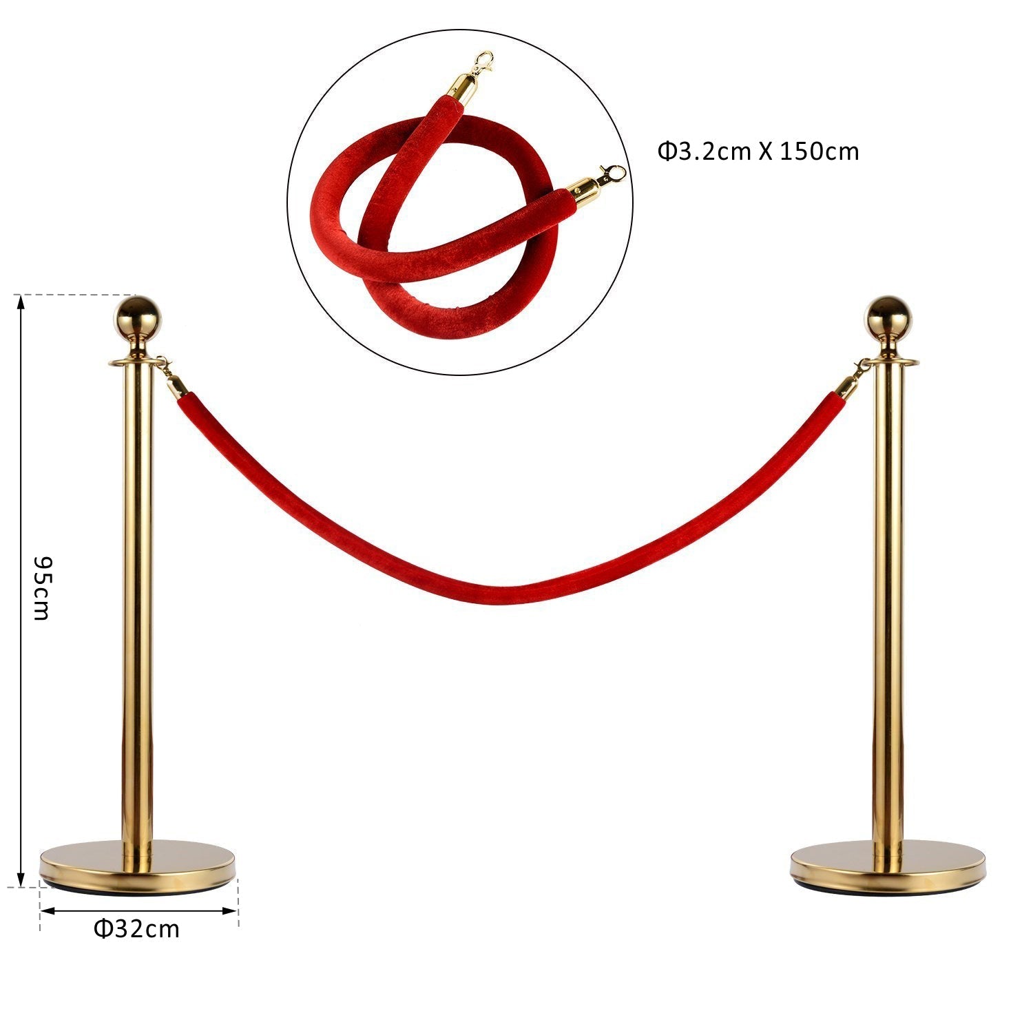 Gold Stainless Steel Retractable Bollard | with Red Rope | ф32 x 95cm - Borgè