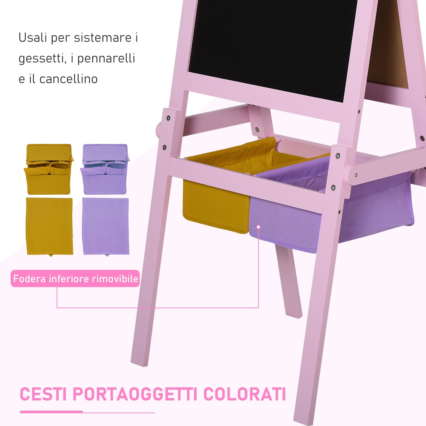 Lavagnetta with Kids stand 3 in 1 and with roller paper sheets pink wooden - Borgè