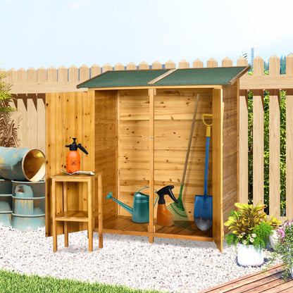 Outsunny 2 doors wooden garden house with 2 shelves high stool and water -repellent roof, 140x75x157 cm - Borgè