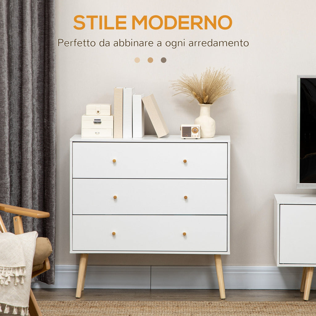 chest of drawers 3 drawers with chipped handles and pine wood for living room and room, 80x30x80 cm, white - Borgè