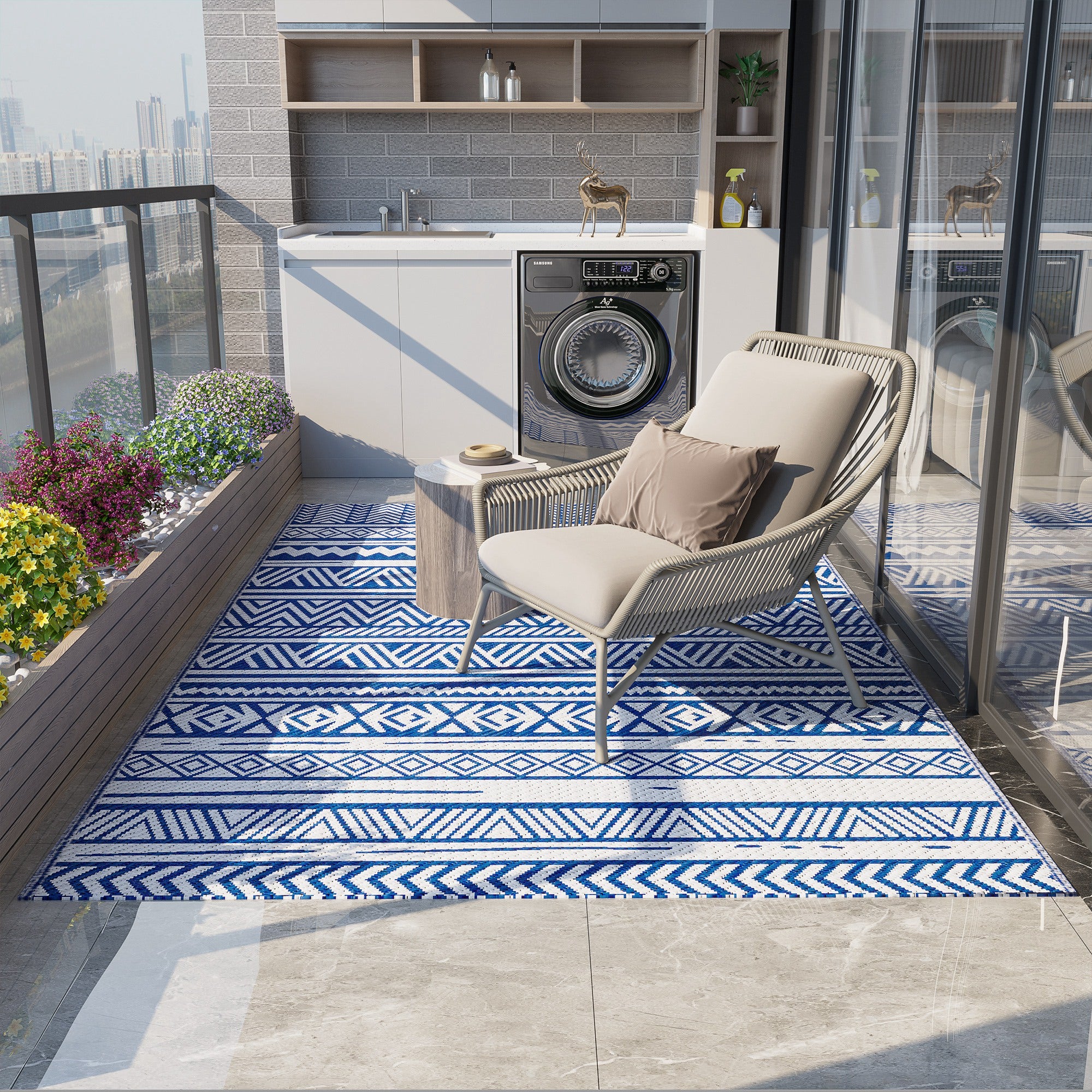 Outsunny outdoor carpet 182x274 cm folding and reversible, in blue and white polypropylene - Borgè