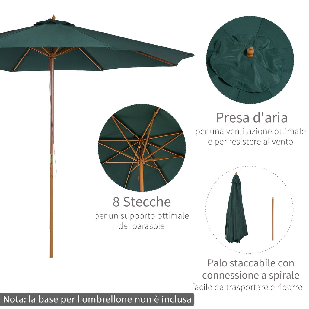 3x2.5 m Garden Umbrella with Rope Opening, 8 Ribs, in Wood and Polyester, Dark Green - Borge' Group Limited