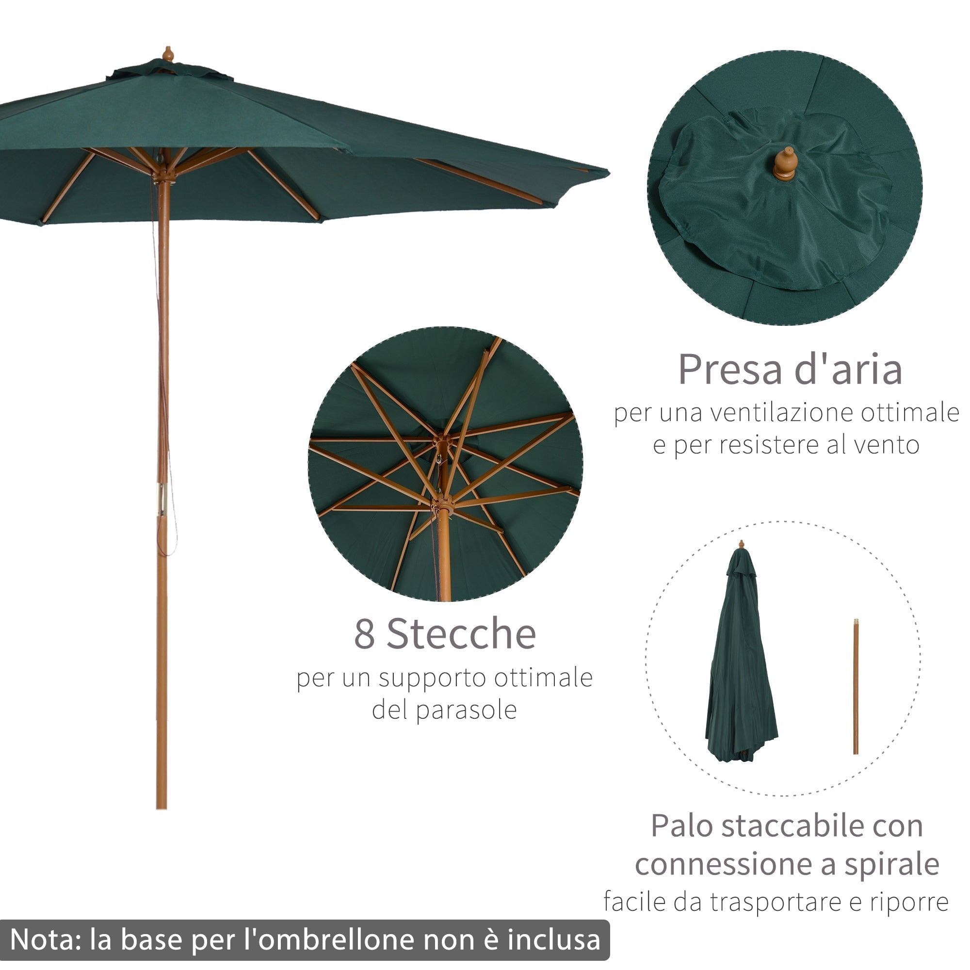 3x2.5 m Garden Umbrella with Rope Opening, 8 Ribs, in Wood and Polyester, Dark Green - Borge' Group Limited