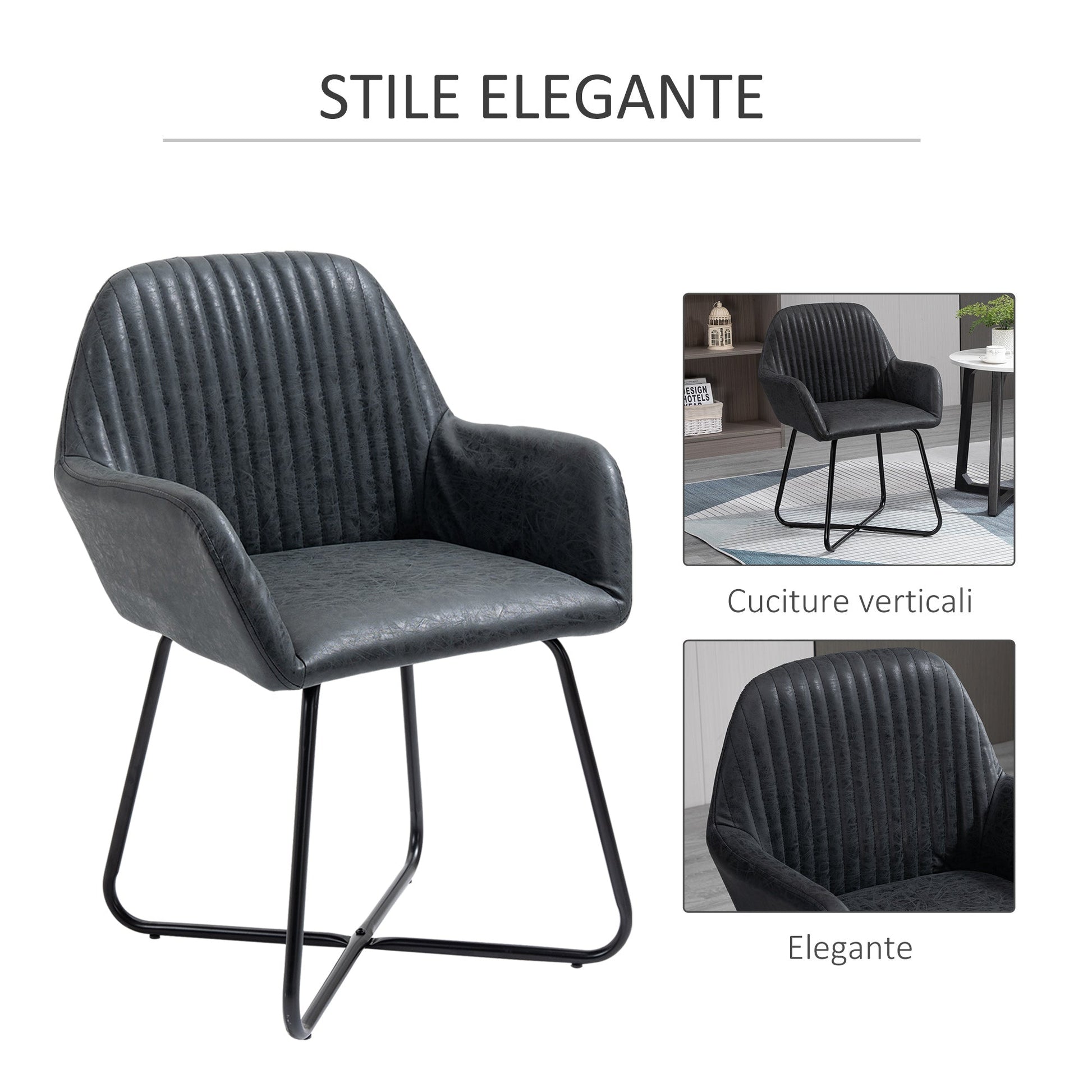 Set 2 Modern Chairs For Dining Room, Kitchen or Living Room, Padded Chairs in Black Similpelle 60x56.5x85cm - Borgè