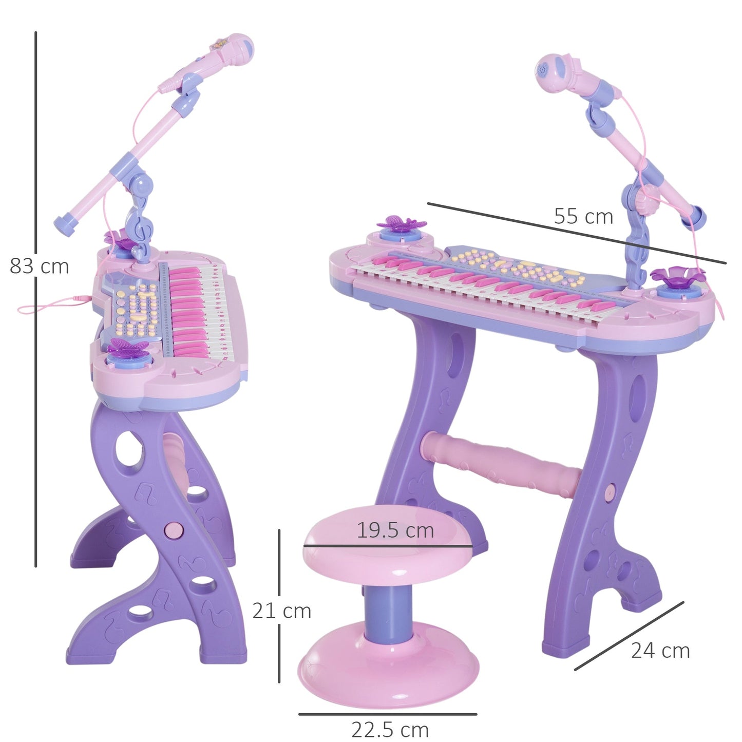 Pianola for children at 37 keys with stool and microphone, 12 instruments and 22 music, recording, mp3 and karaoke, pink - Borgè