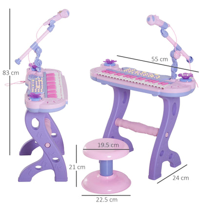 Pianola for children at 37 keys with stool and microphone, 12 instruments and 22 music, recording, mp3 and karaoke, pink - Borgè