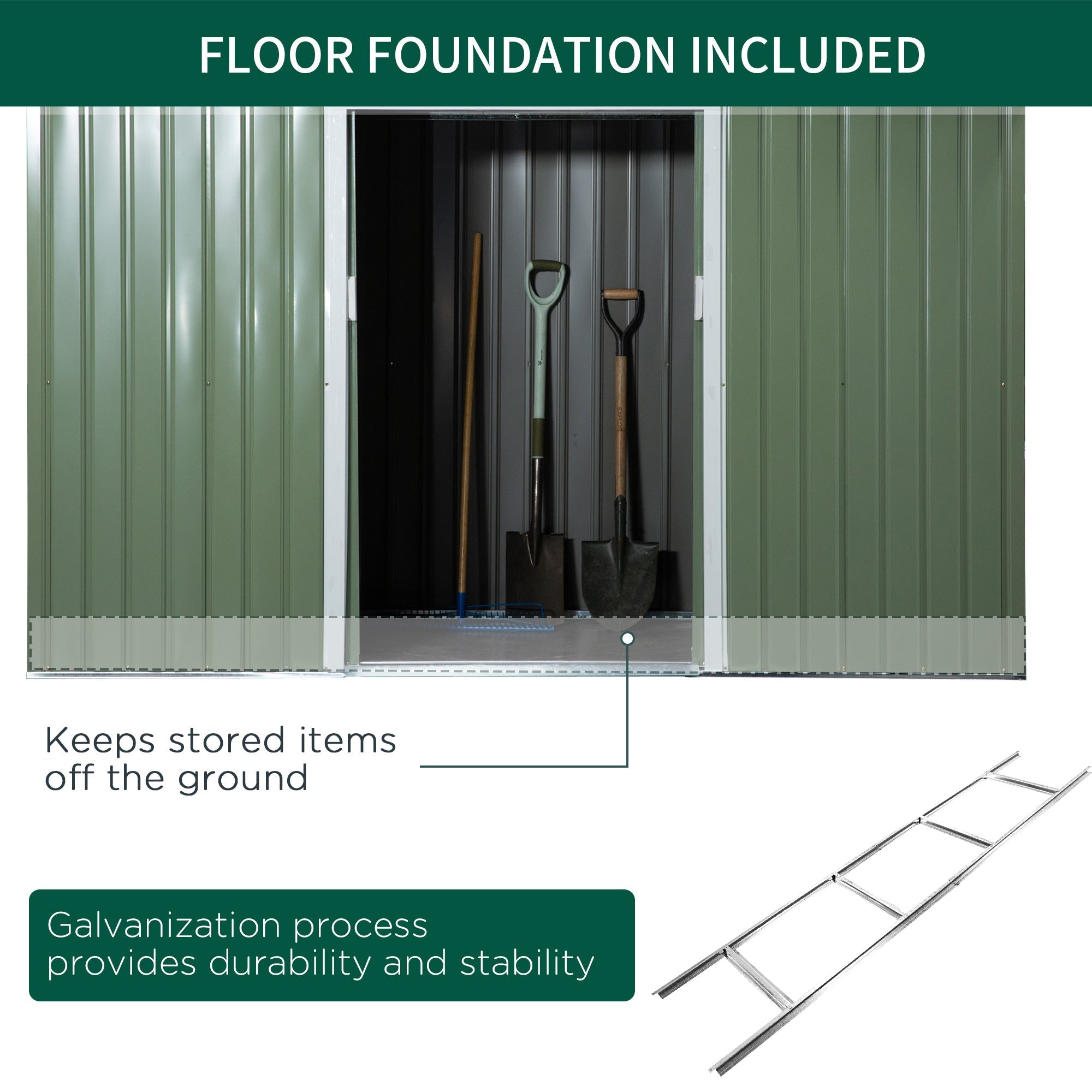 Steel Sheet Garden Tool Shed, Steel Garden Storage Shed with Sliding Doors, 280x130x172cm, Light Green - Borge' Group Limited
