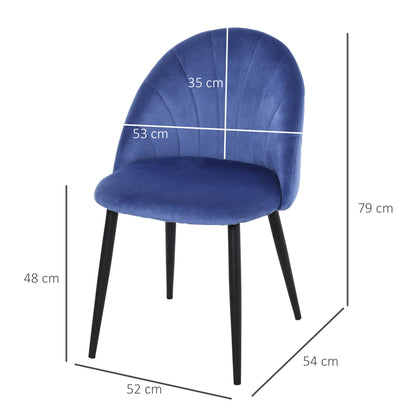 Set 2 chairs of dining room and living room padded, Nordic and ergonomic design in metal and blue velvet, 52x54x79 cm - Borgè