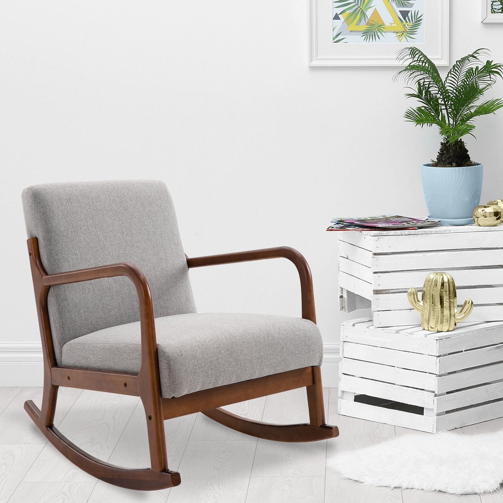padded rocking armchair, vintage wooden design and Grey linen, for interiors, office, living room, 64x86x80cm - Borgè