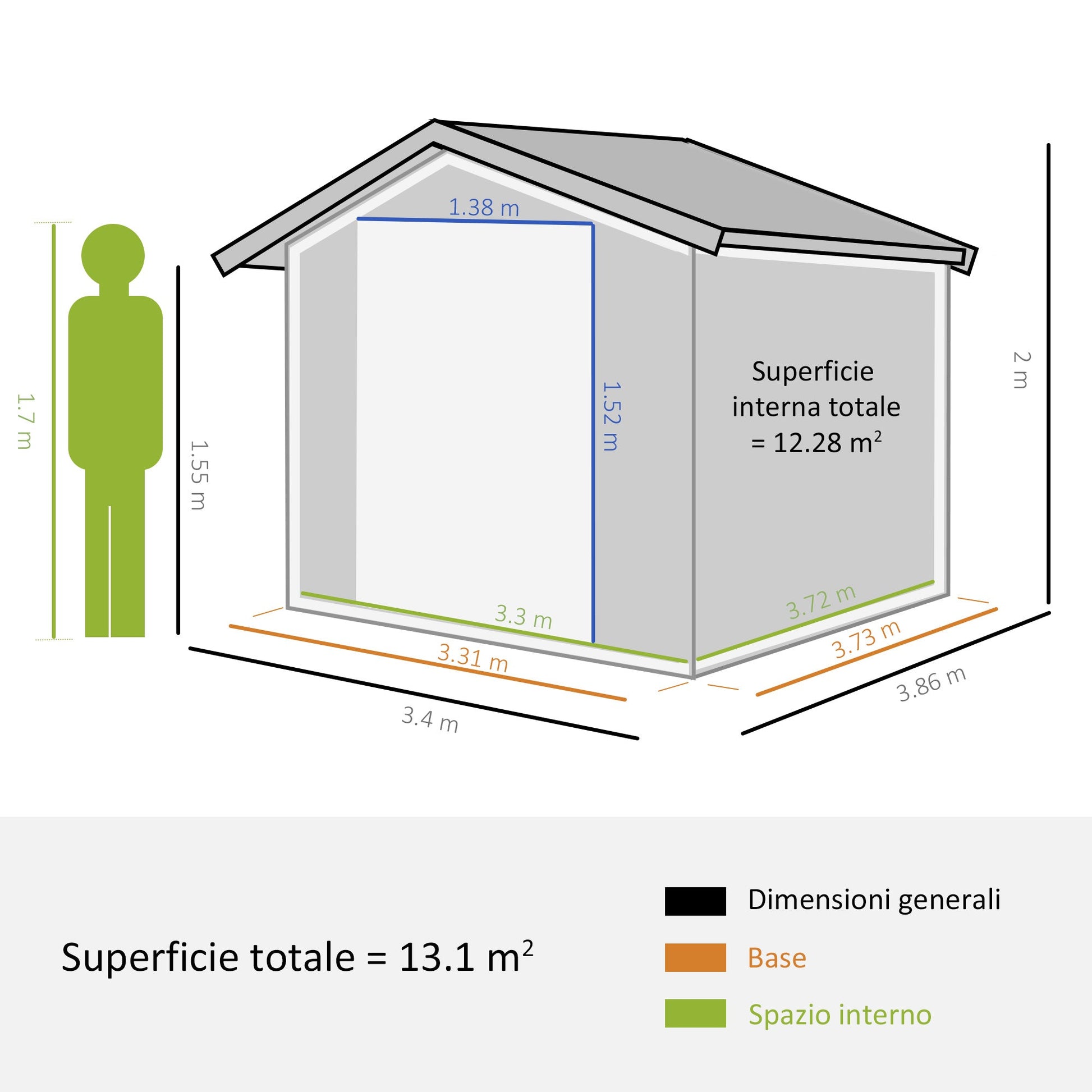 Outsunny garden house with double sliding doors, steel garden shed, 340x386x200cm, Grey - Borgè