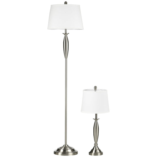 set with ground lamp and steel and fabric table lamp, white and silver - Borgè