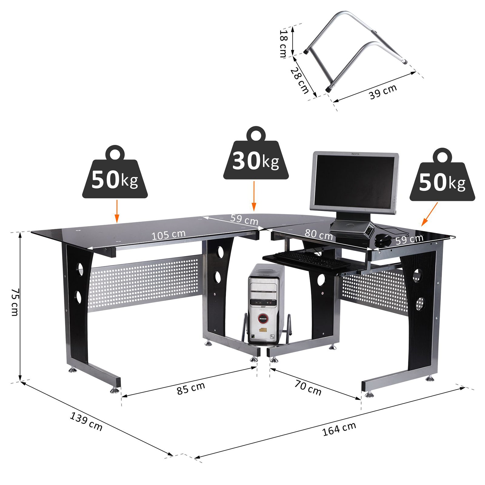 Corner Desk with Black Glass Top | 164 x 139 x 75cm - Borgè