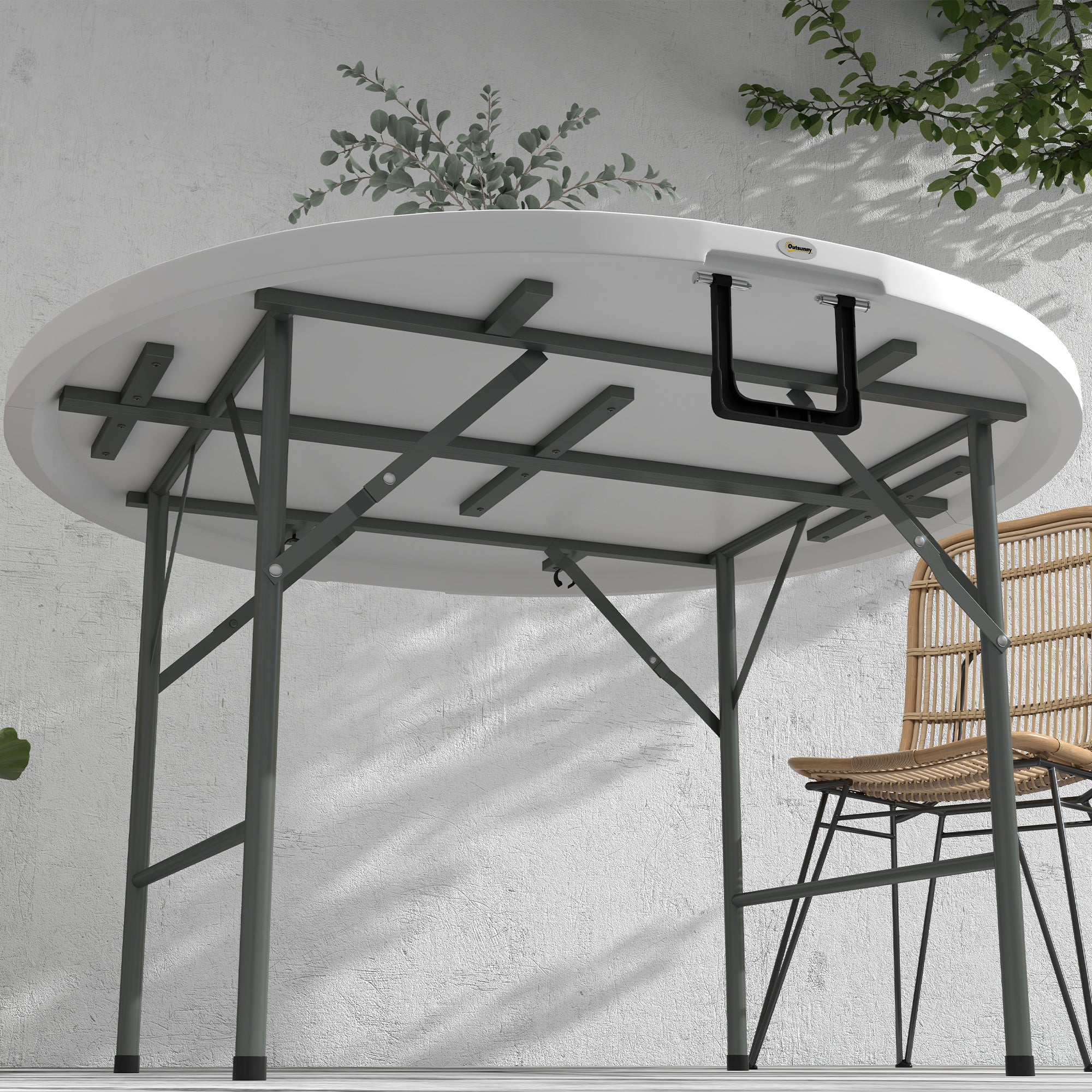 Outsunny folding table for garden and camping, in steel and HDPE, Ã˜122x73 cm, gray and white - Borgè