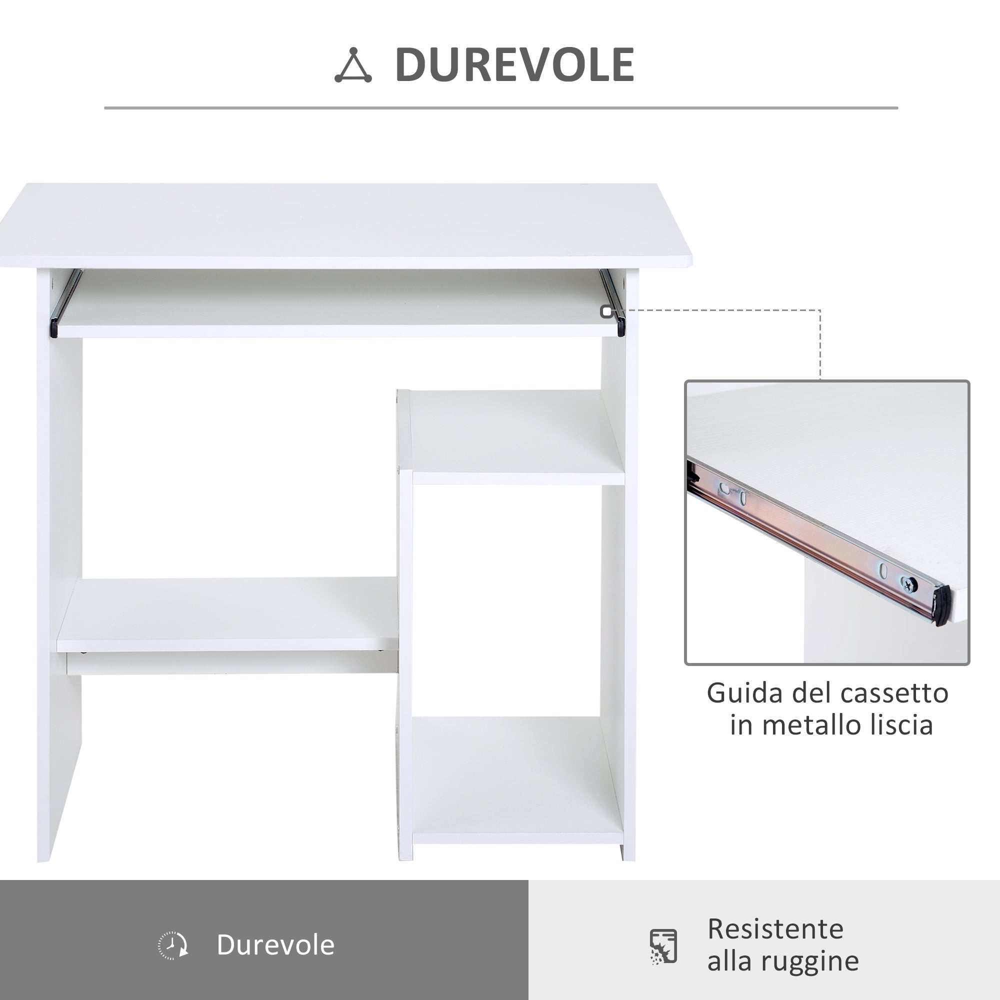 compact desk with shelves and shelf removable wooden keyboard, 80x45x75cm, white - Borgè
