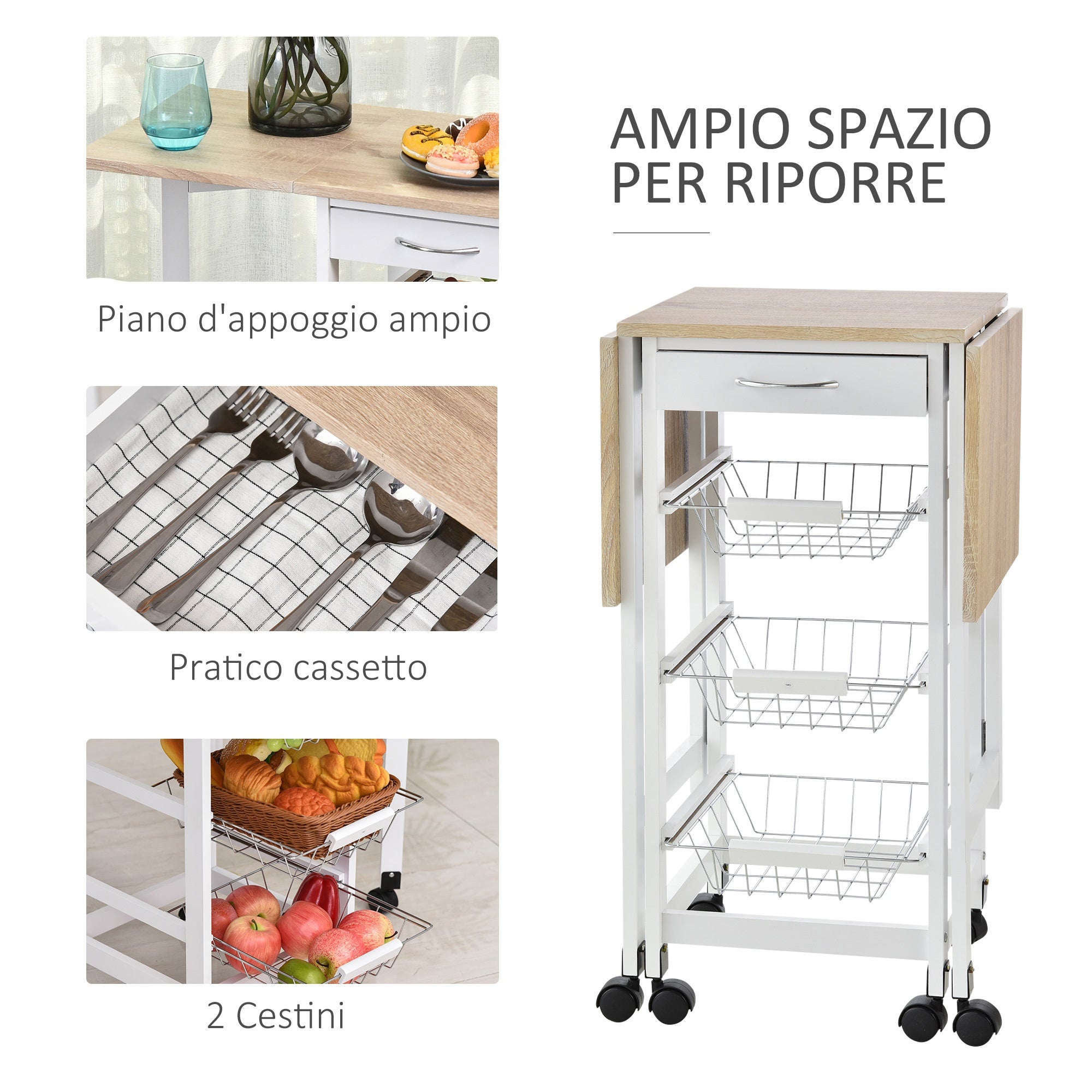 kitchen trolley with 3 baskets, drawer and flaps, 6 swivel wheels, in MDF and metal, 37x37x77.5cm, white and wood - Borgè