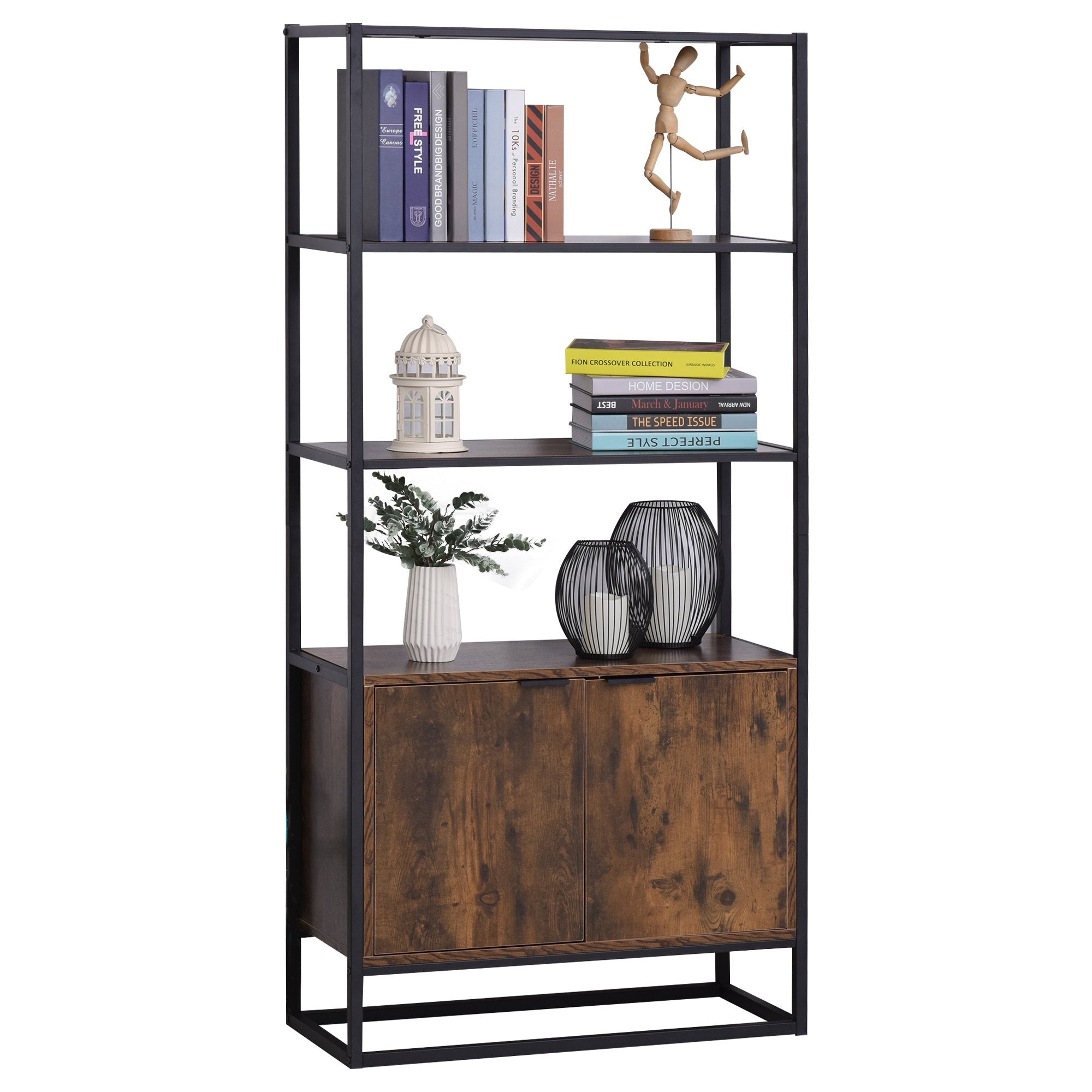 Wall bookcase shelf with doors and 3 wooden and black metal shelves - Borgè
