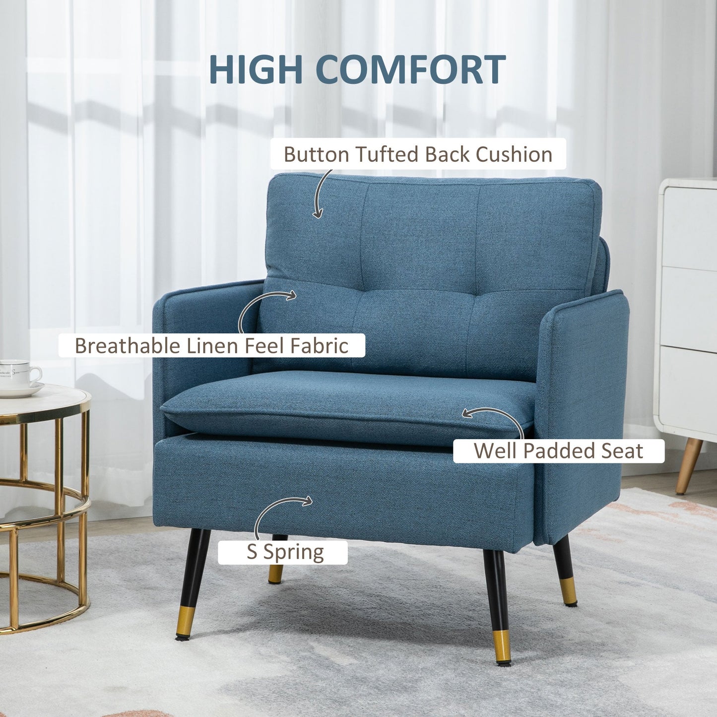 Modern Living Room and Bedroom Armchair With Uncheded Seat and Lino Effect Fabric, 76x68x80 cm, blue - Borgè