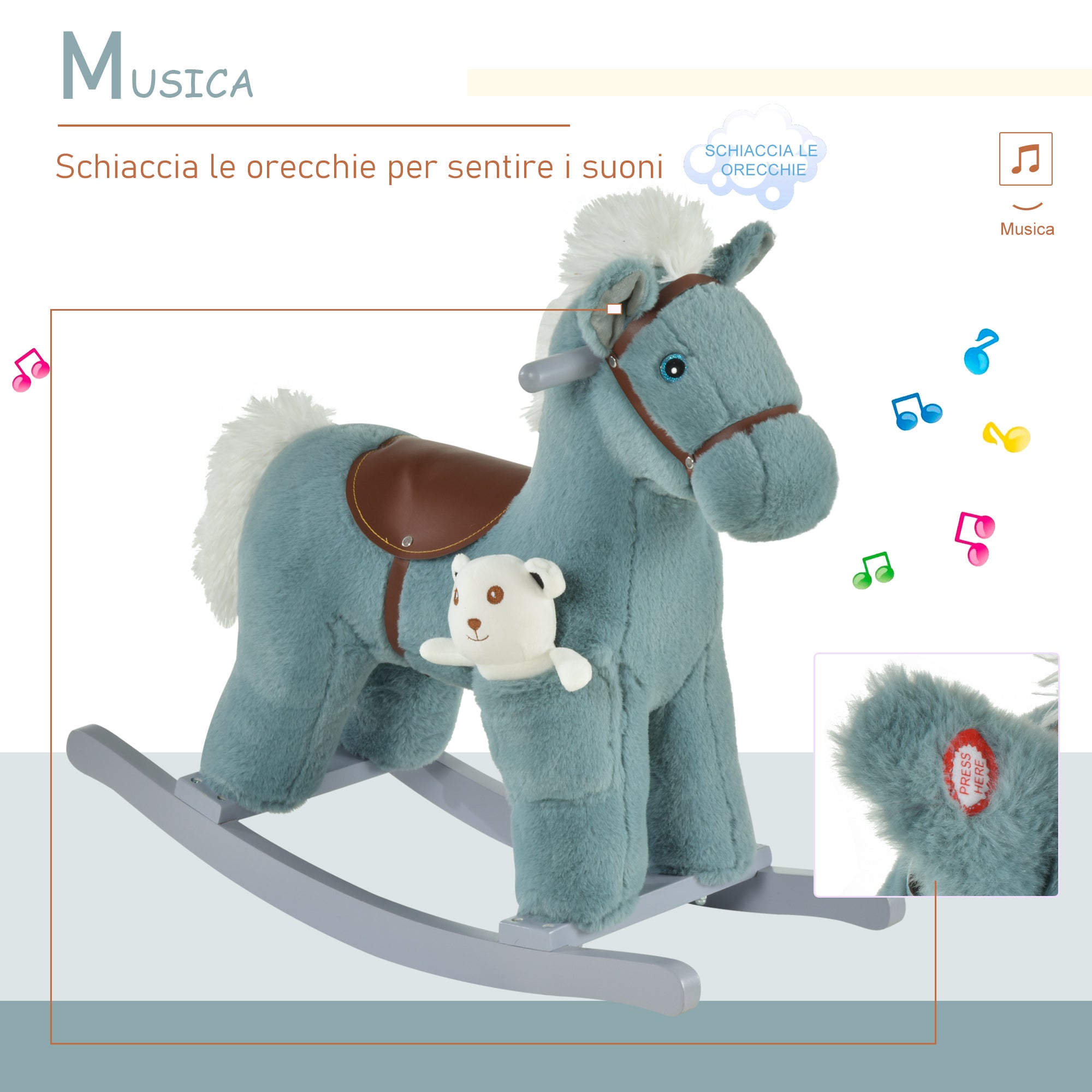 Homcom Cavallo with plush and wood with sounds and bears included, for children of 18-36 months, 65x26x55cm, blue - Borgè