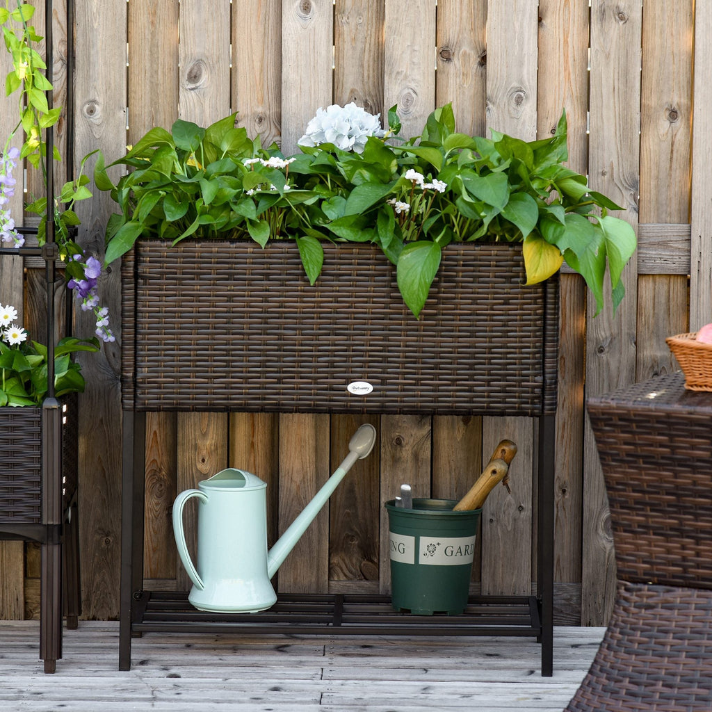 Raised Garden Bed, Wicker-Effect Planter with Shelf, Raised Garden Bed for Indoor and Outdoor Use, Grey (70cm x 30cm x 72cm) - Borge' Group Limited