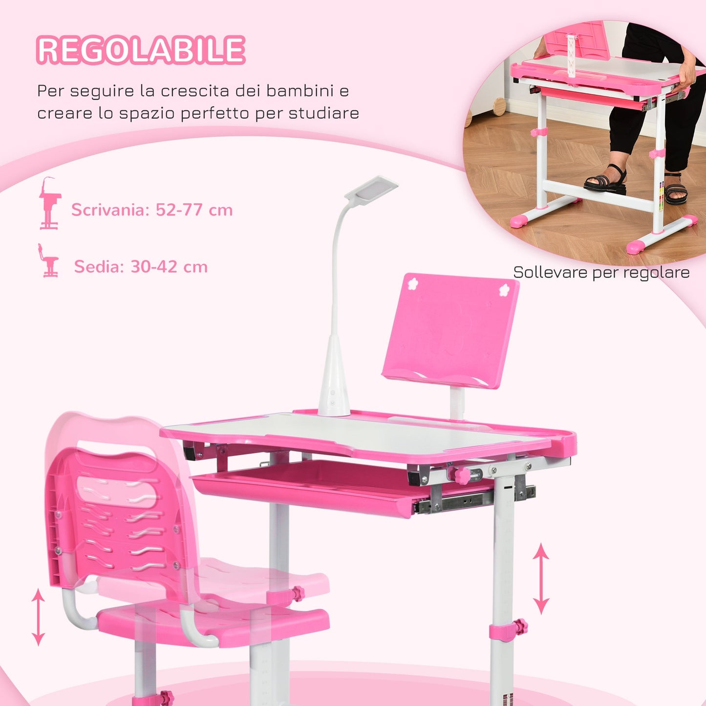 School Desk with Chair for Children 6-12 Years, 70x49. 5x80-105 cm, Pink - Borgè