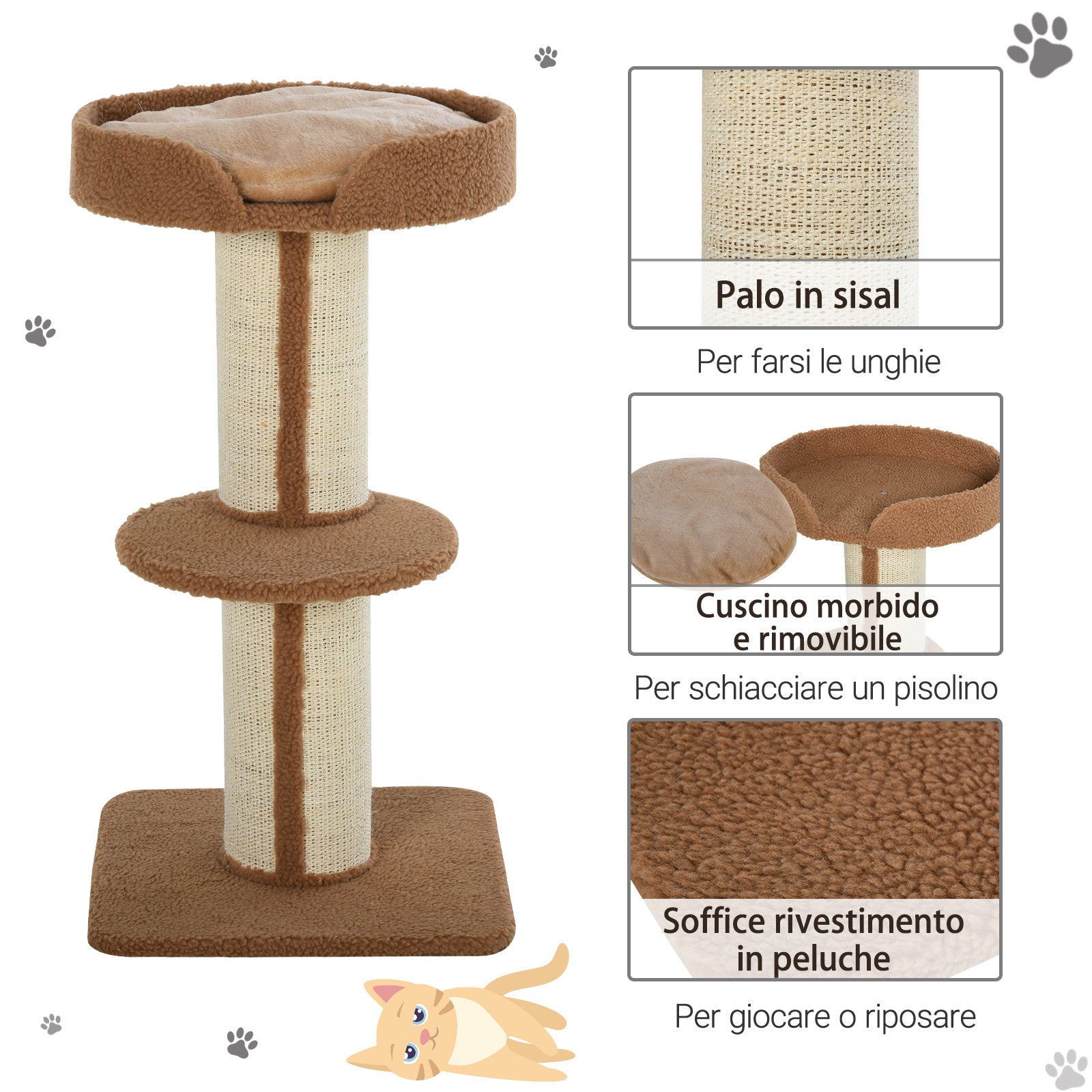 Cat Tree for cats with Scratch Pole with Bed, pillow, and soft coating- brown - Borge' Group Limited