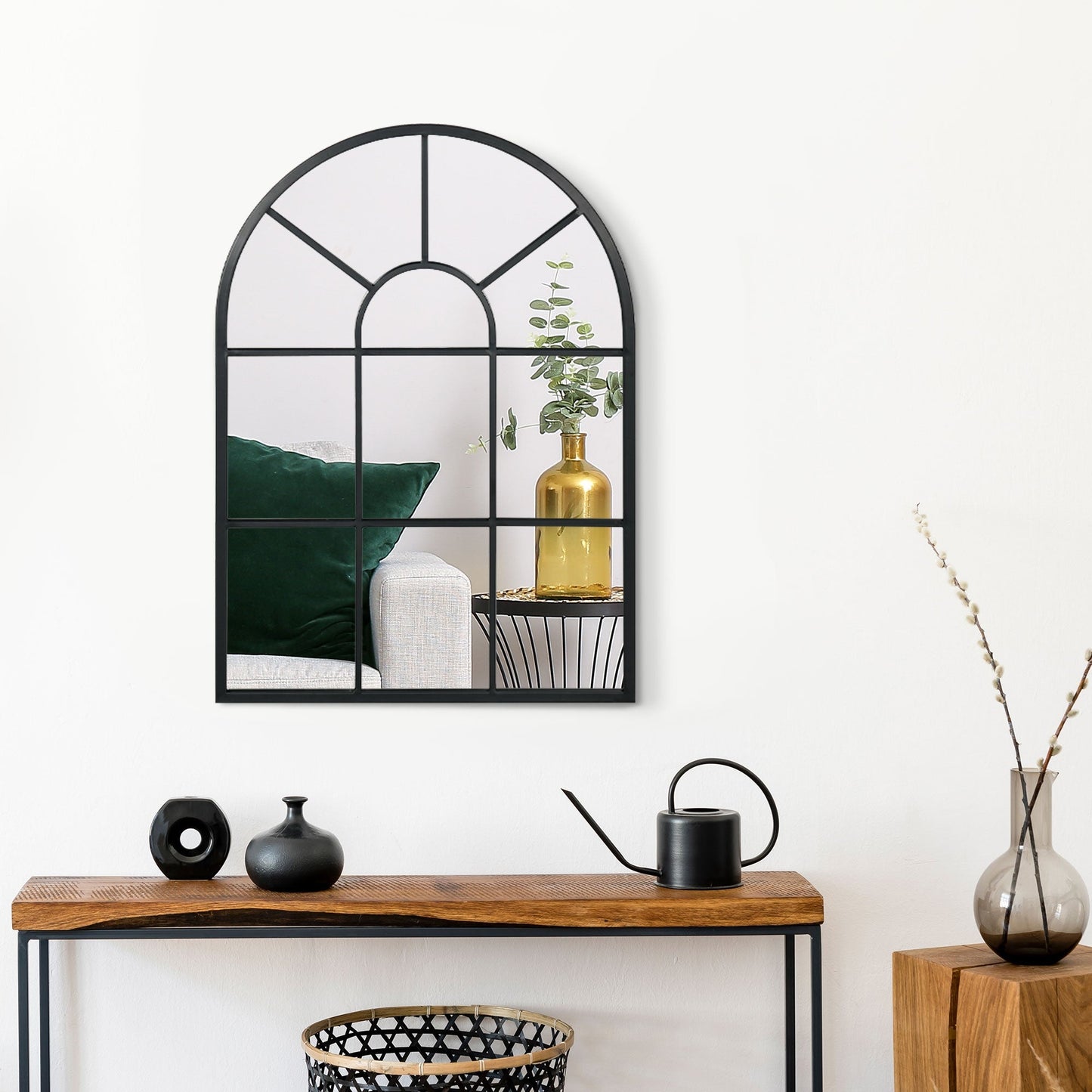 Modern Wall and Arco -shaped mirror 70x50 cm for bedroom and living room, in black metal and glass - Borgè