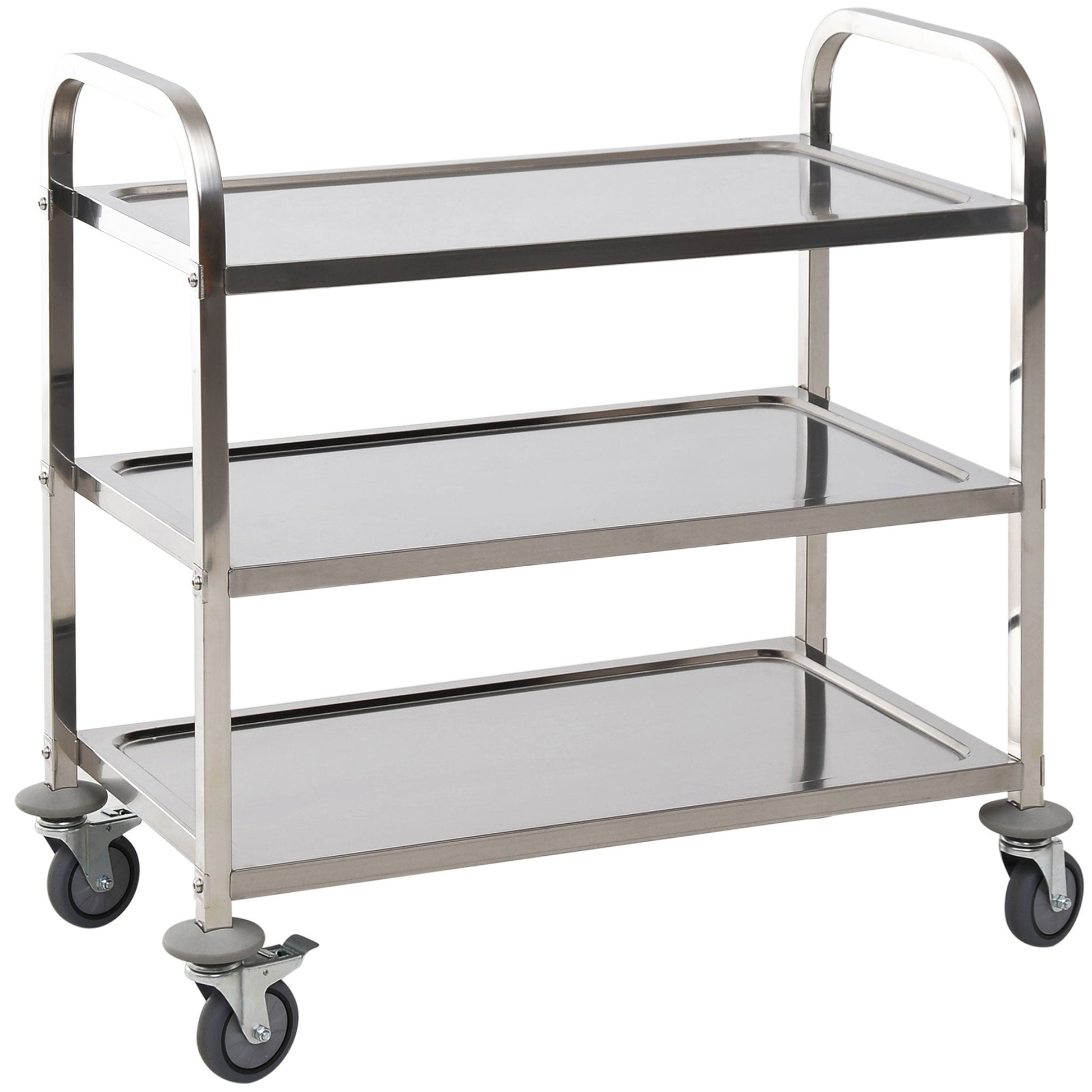 Homcom Kitchen Trolley 3 Open shelves 4 Omnidirectional wheels with 2 brakes anti-collision pads in stainless steel 430 silver 85x45x90cm - Borgè