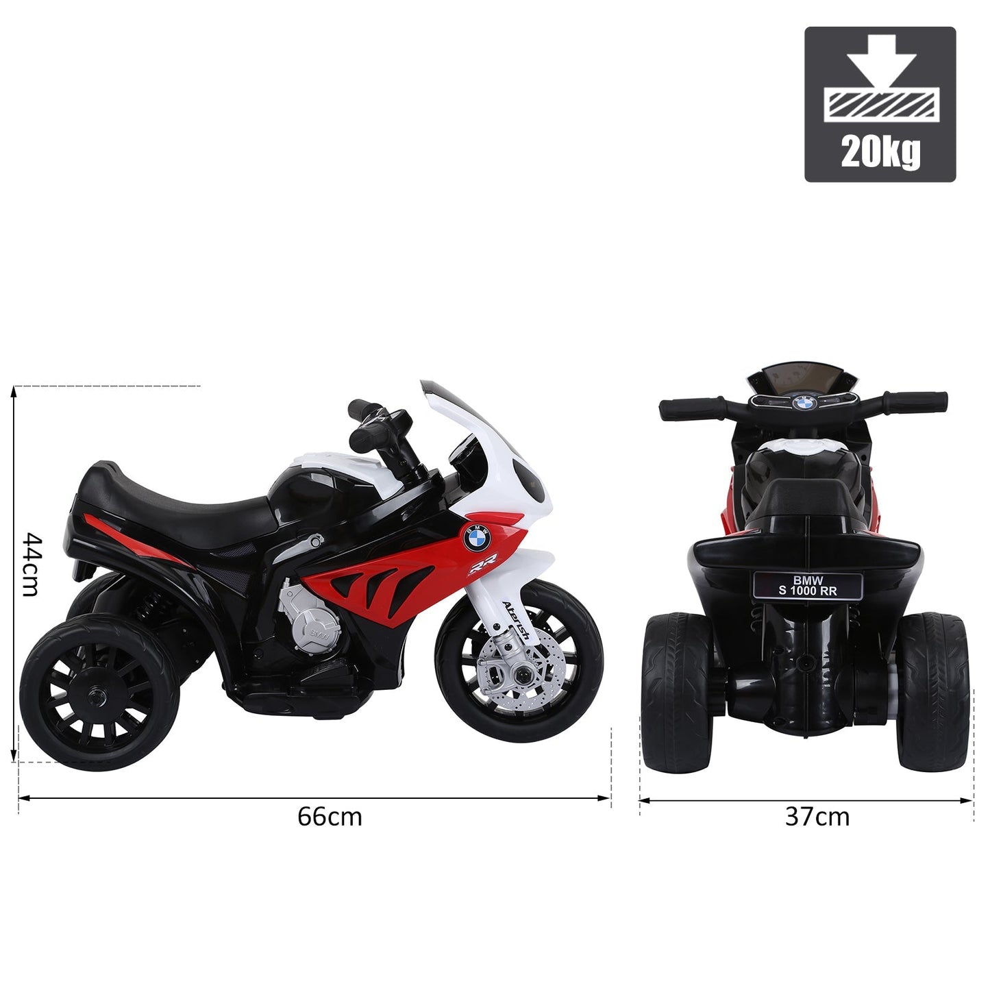 electric motorcycle for children max. 20kg with bmw license, 3 wheels, 6V rechargeable battery, red white, 66x37x44cm - Borgè